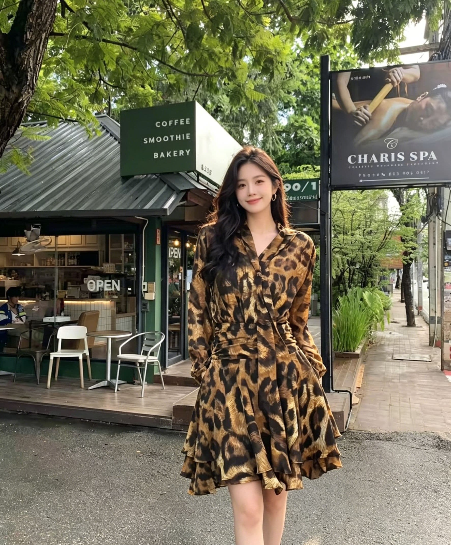 레트로 레오파드 무늬 v 칼라 허리 수축 쇼트 스타일 여성 드레스 레이스업 나팔 긴팔 연꽃 잎 쉬폰 미니 스커트 핫걸 상세 이미지 3