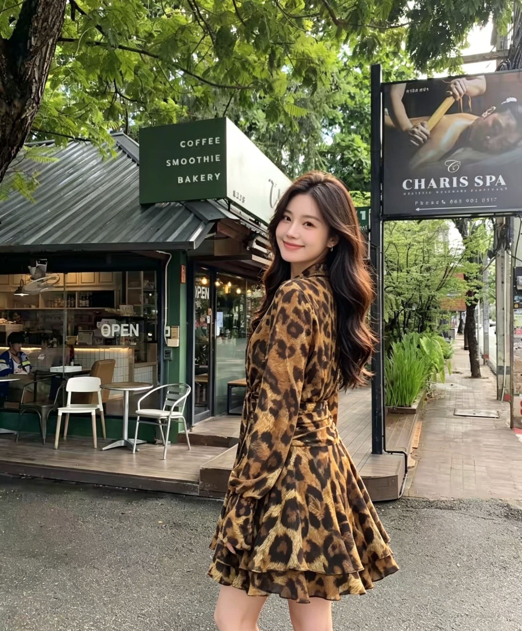 레트로 레오파드 무늬 v 칼라 허리 수축 쇼트 스타일 여성 드레스 레이스업 나팔 긴팔 연꽃 잎 쉬폰 미니 스커트 핫걸 상세 이미지 7