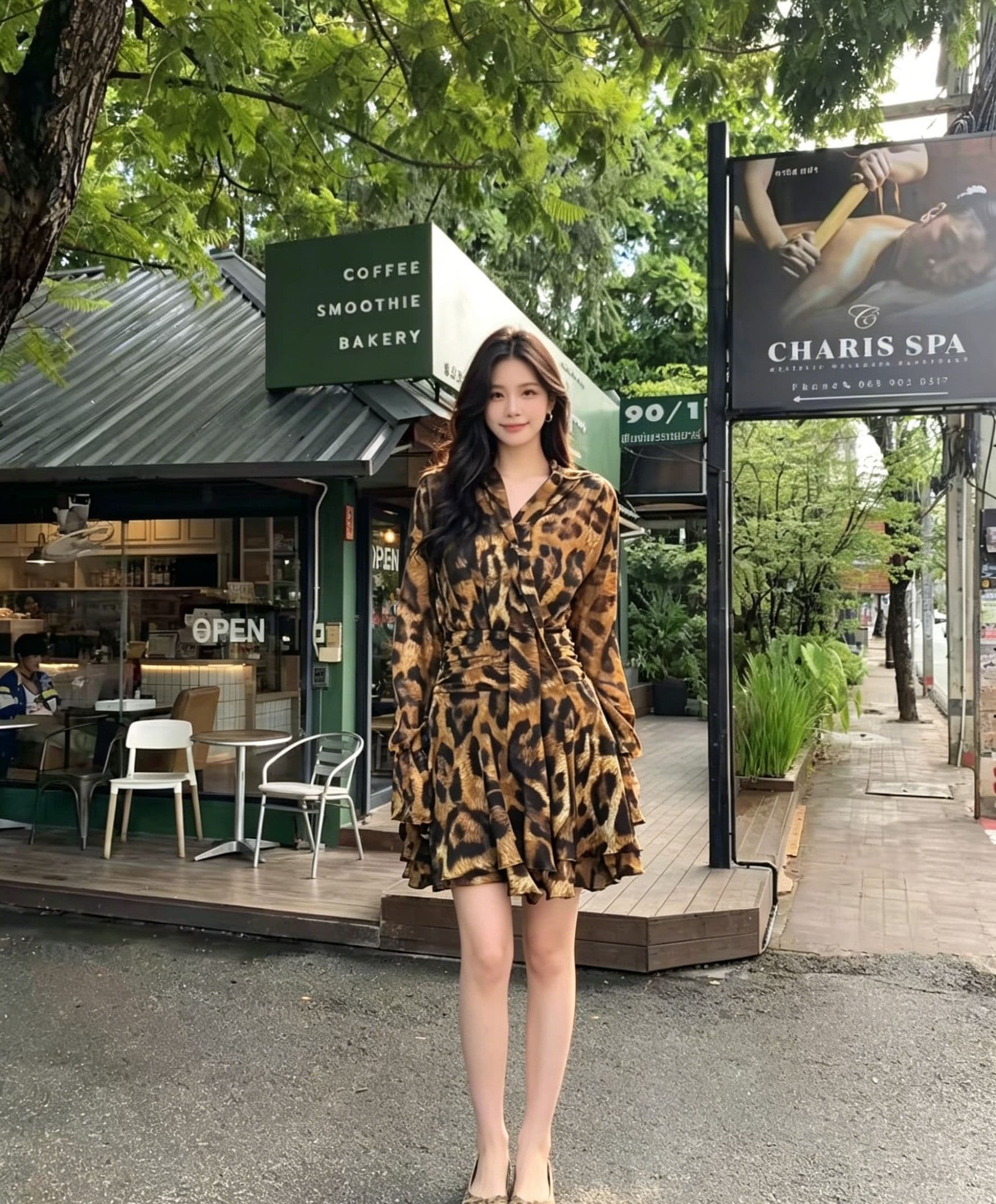레트로 레오파드 무늬 v 칼라 허리 수축 쇼트 스타일 여성 드레스 레이스업 나팔 긴팔 연꽃 잎 쉬폰 미니 스커트 핫걸 상세 이미지 8