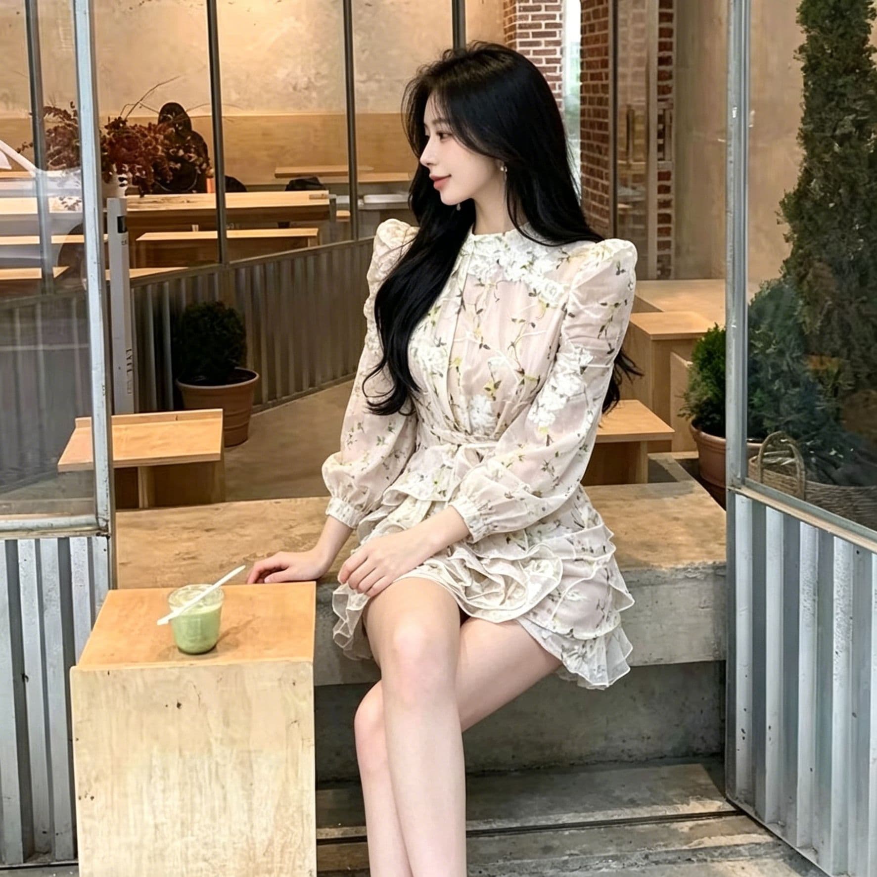 꽃무늬 긴팔 여성 드레스 허리 수축 다중 레이어 연꽃 잎 미니 스커트 섹시함 순수한 욕망 매운맛 슬림해 보이는 데이트 타이트 스커트 꽃무늬 치마 이미지 3