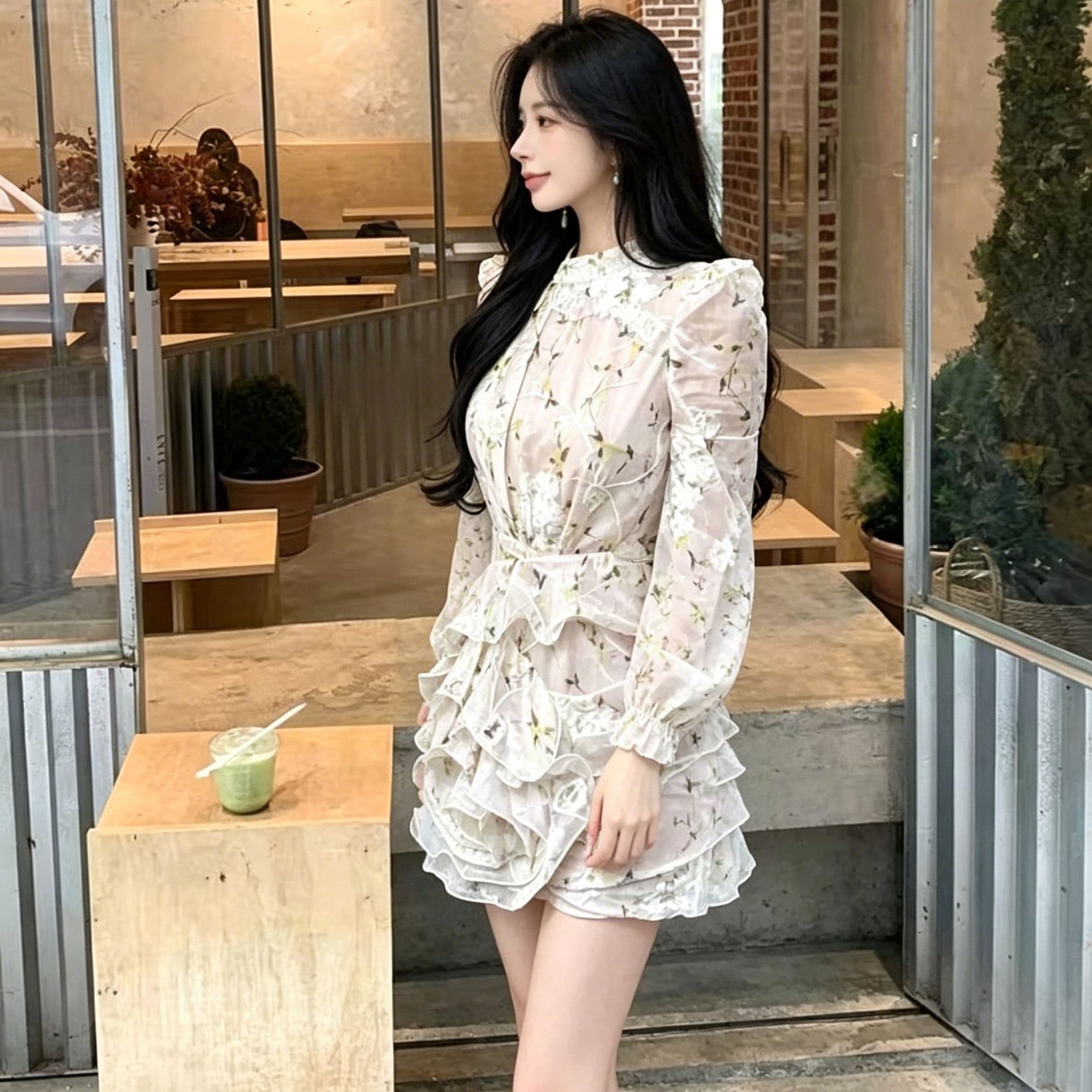꽃무늬 긴팔 여성 드레스 허리 수축 다중 레이어 연꽃 잎 미니 스커트 섹시함 순수한 욕망 매운맛 슬림해 보이는 데이트 타이트 스커트 꽃무늬 치마 이미지 4