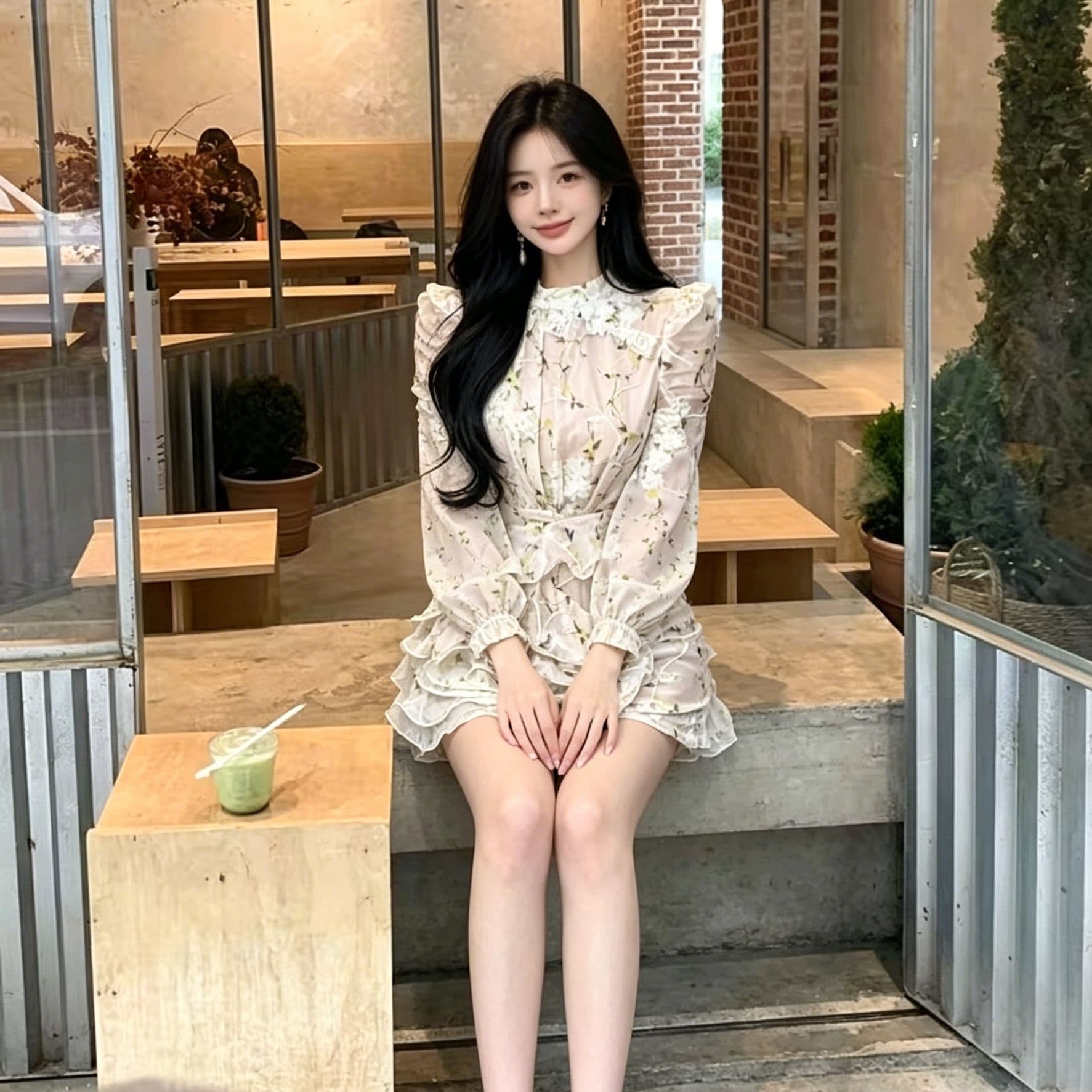 꽃무늬 긴팔 여성 드레스 허리 수축 다중 레이어 연꽃 잎 미니 스커트 섹시함 순수한 욕망 매운맛 슬림해 보이는 데이트 타이트 스커트 꽃무늬 치마