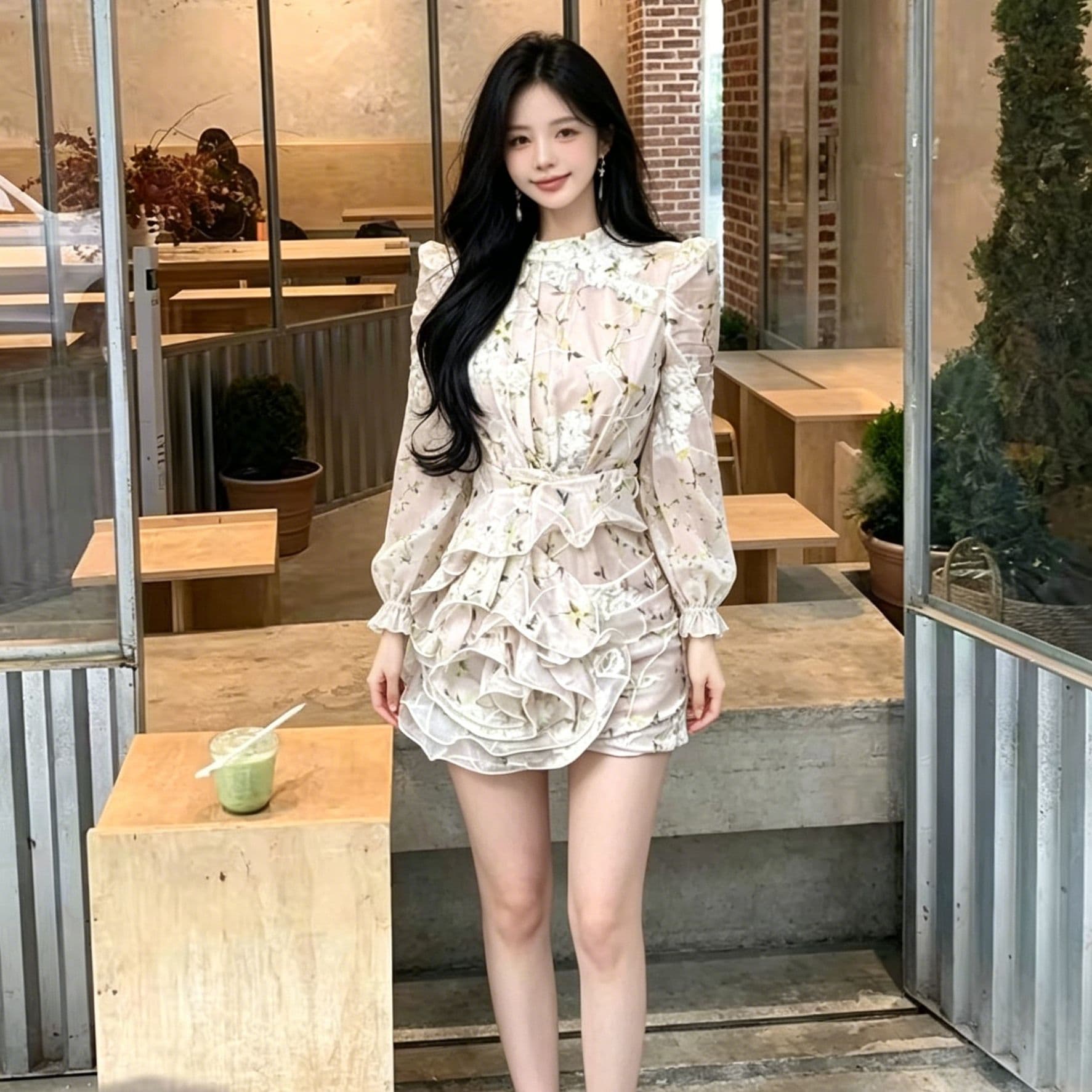 꽃무늬 긴팔 여성 드레스 허리 수축 다중 레이어 연꽃 잎 미니 스커트 섹시함 순수한 욕망 매운맛 슬림해 보이는 데이트 타이트 스커트 꽃무늬 치마 이미지 5
