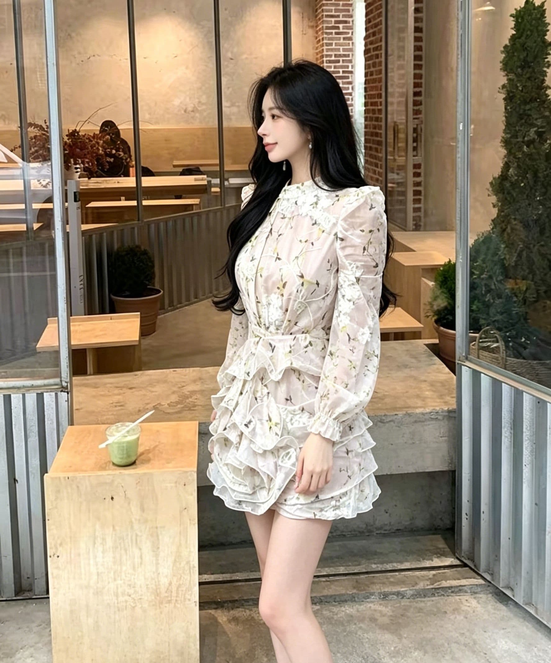 꽃무늬 긴팔 여성 드레스 허리 수축 다중 레이어 연꽃 잎 미니 스커트 섹시함 순수한 욕망 매운맛 슬림해 보이는 데이트 타이트 스커트 꽃무늬 치마 상세 이미지 1