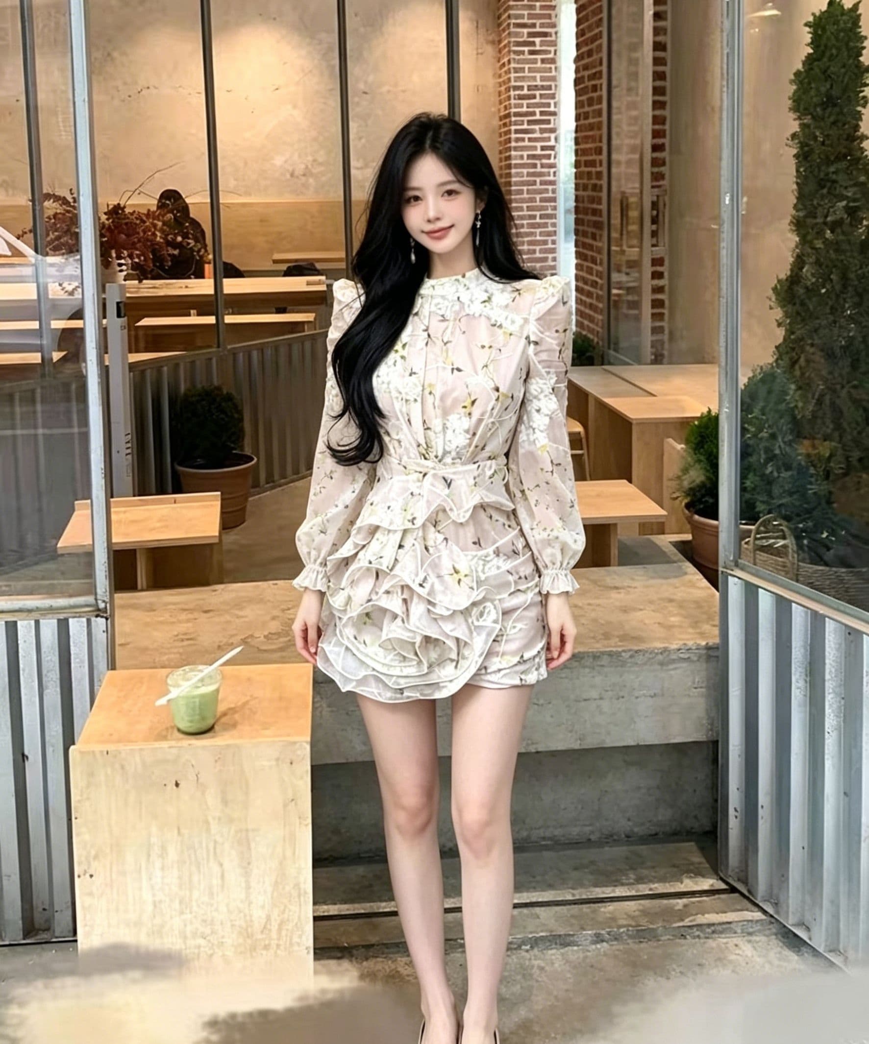 꽃무늬 긴팔 여성 드레스 허리 수축 다중 레이어 연꽃 잎 미니 스커트 섹시함 순수한 욕망 매운맛 슬림해 보이는 데이트 타이트 스커트 꽃무늬 치마 상세 이미지 5