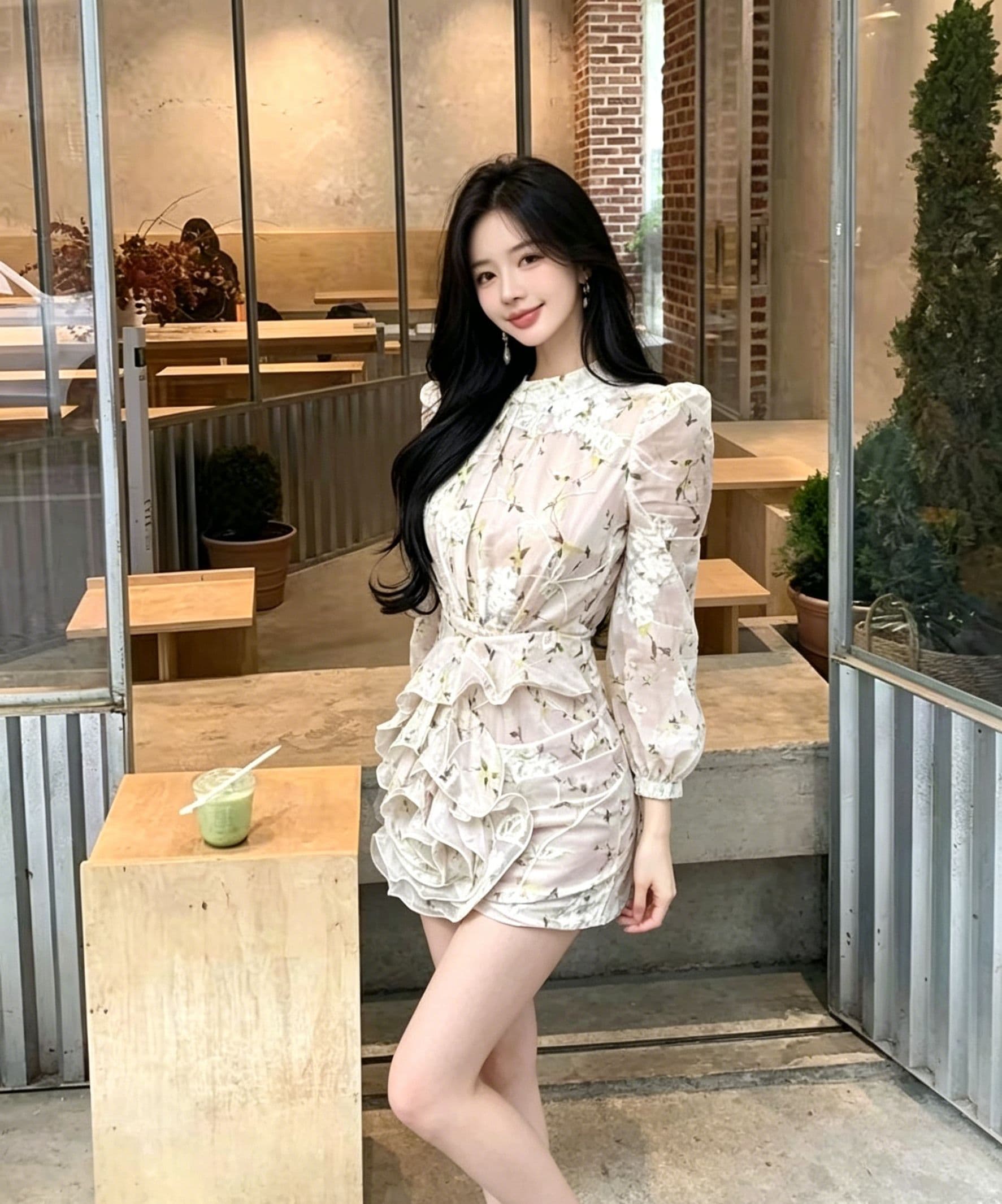 꽃무늬 긴팔 여성 드레스 허리 수축 다중 레이어 연꽃 잎 미니 스커트 섹시함 순수한 욕망 매운맛 슬림해 보이는 데이트 타이트 스커트 꽃무늬 치마 상세 이미지 7