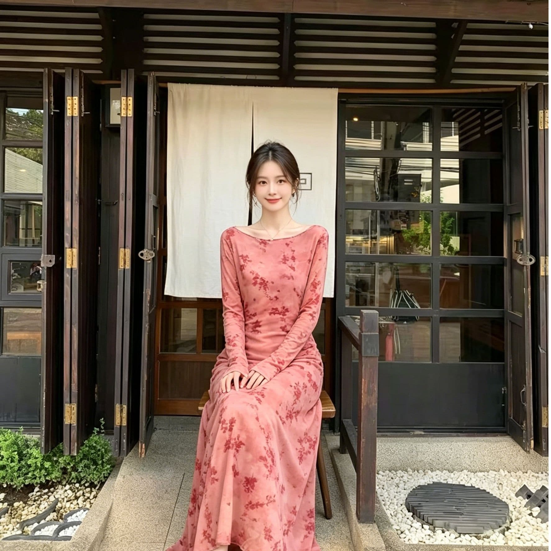 분말 조정 수묵화 꽃무늬 여성 드레스 나팔 긴팔 도루 센스 롱 코트 스트레이트 치마 부드러운 국풍 슬림해 보이는 젠 차 이미지 4