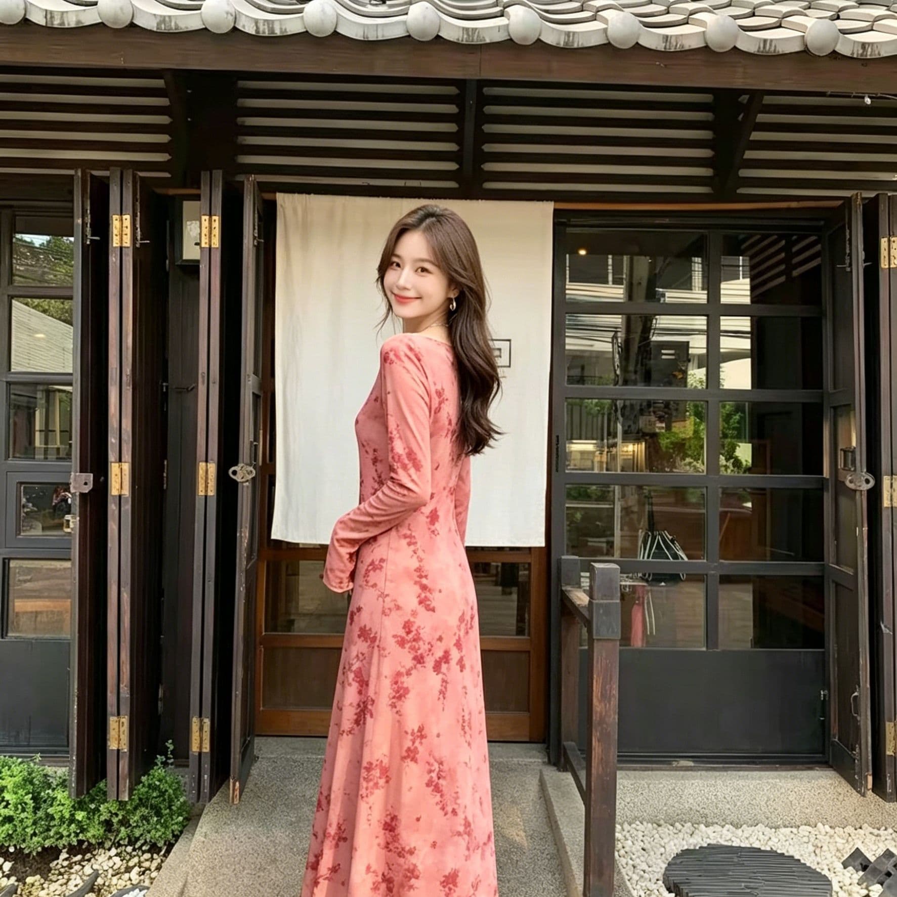 분말 조정 수묵화 꽃무늬 여성 드레스 나팔 긴팔 도루 센스 롱 코트 스트레이트 치마 부드러운 국풍 슬림해 보이는 젠 차 이미지 2