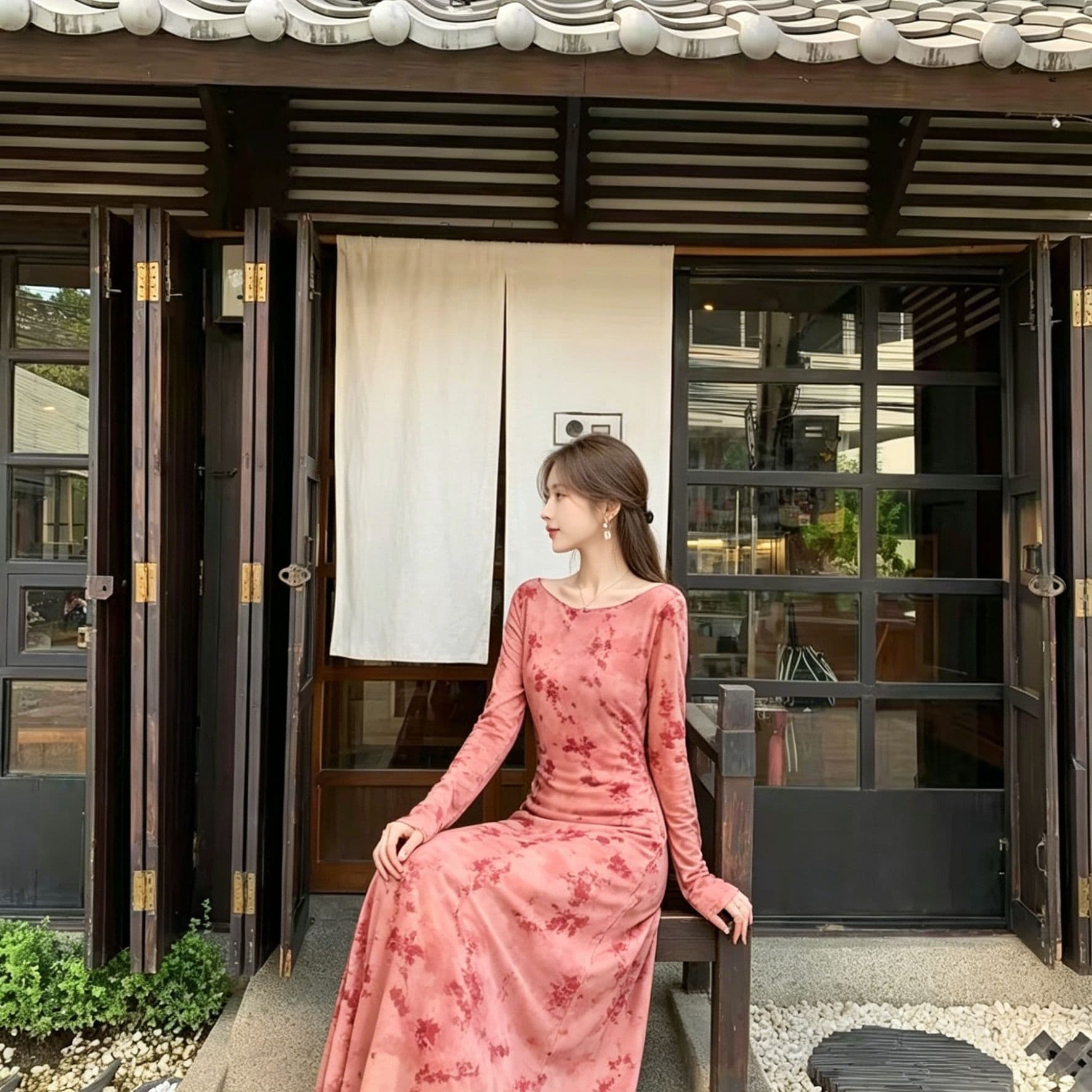 분말 조정 수묵화 꽃무늬 여성 드레스 나팔 긴팔 도루 센스 롱 코트 스트레이트 치마 부드러운 국풍 슬림해 보이는 젠 차 이미지 3