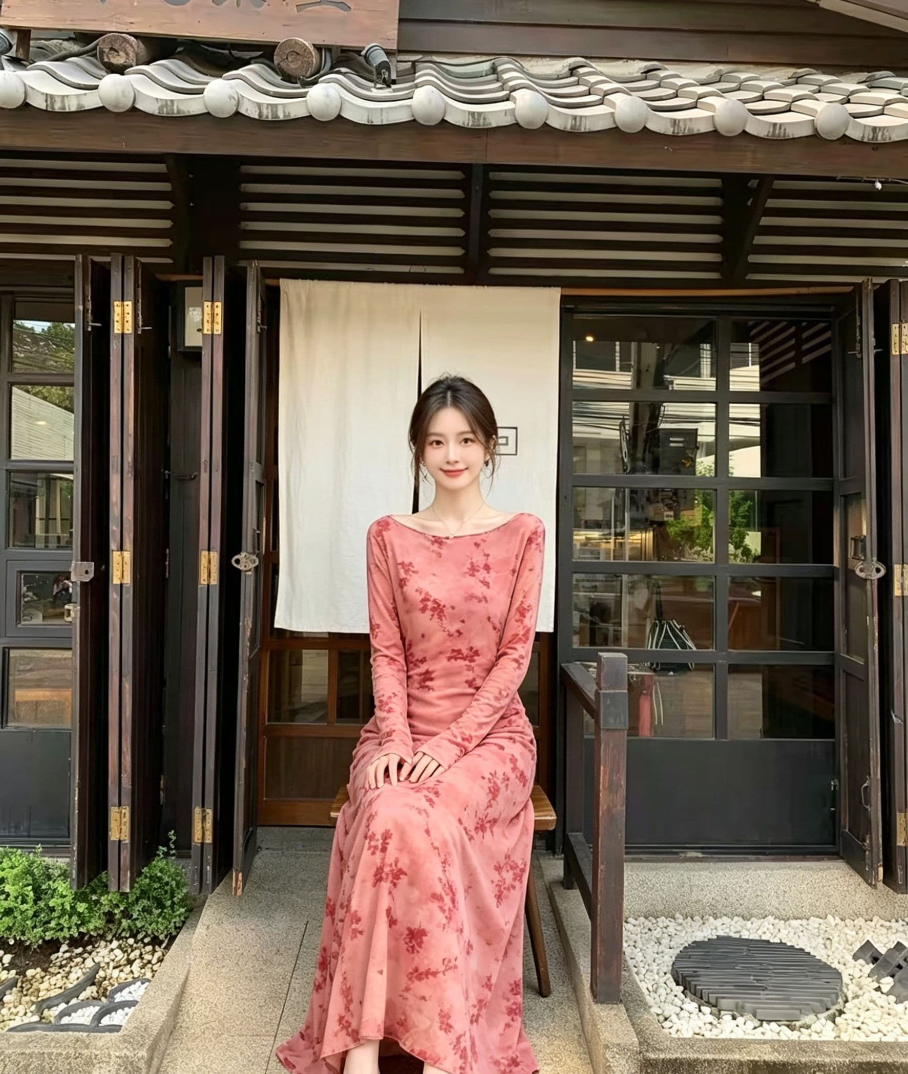분말 조정 수묵화 꽃무늬 여성 드레스 나팔 긴팔 도루 센스 롱 코트 스트레이트 치마 부드러운 국풍 슬림해 보이는 젠 차 상세 이미지 1