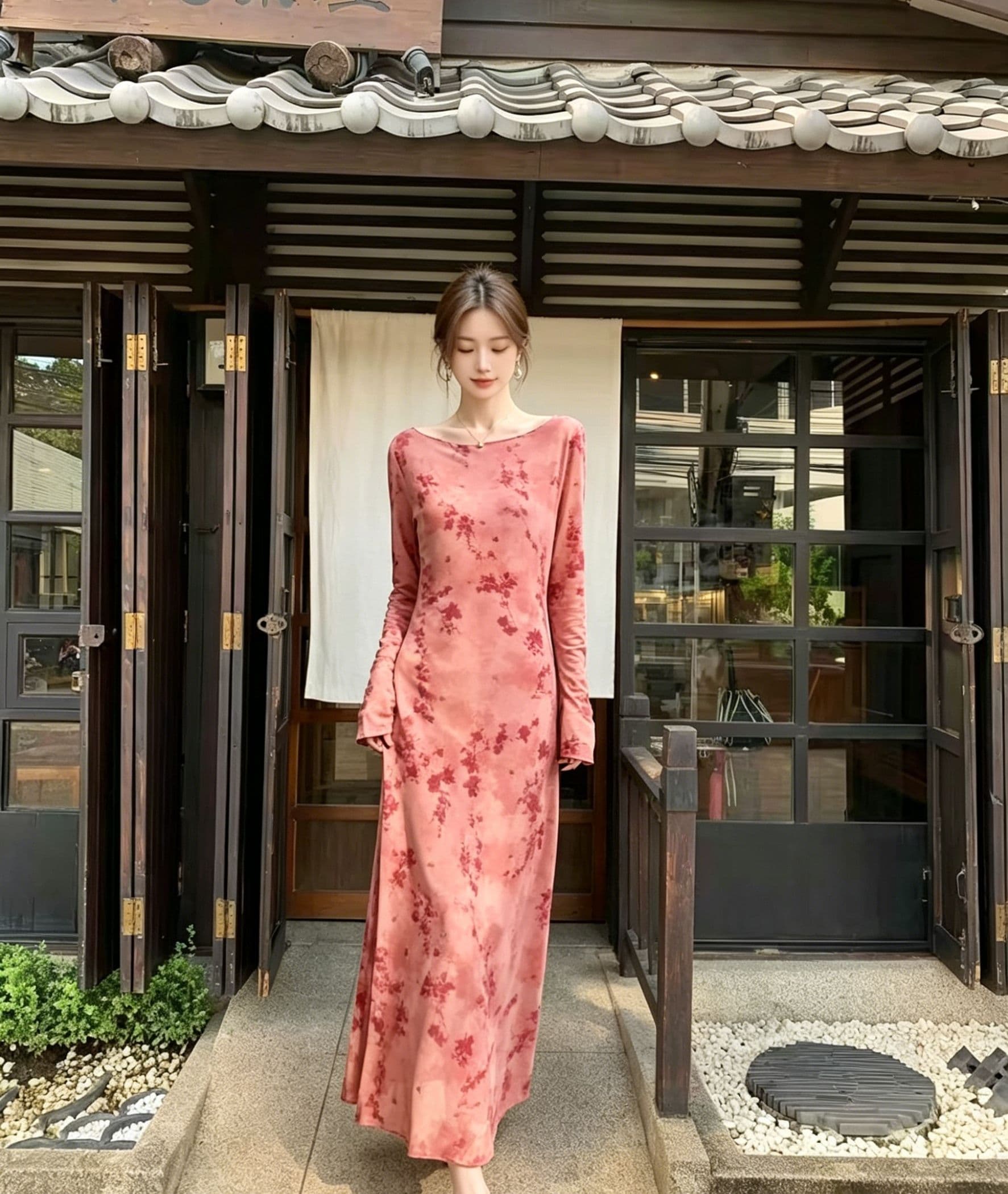 분말 조정 수묵화 꽃무늬 여성 드레스 나팔 긴팔 도루 센스 롱 코트 스트레이트 치마 부드러운 국풍 슬림해 보이는 젠 차 상세 이미지 2