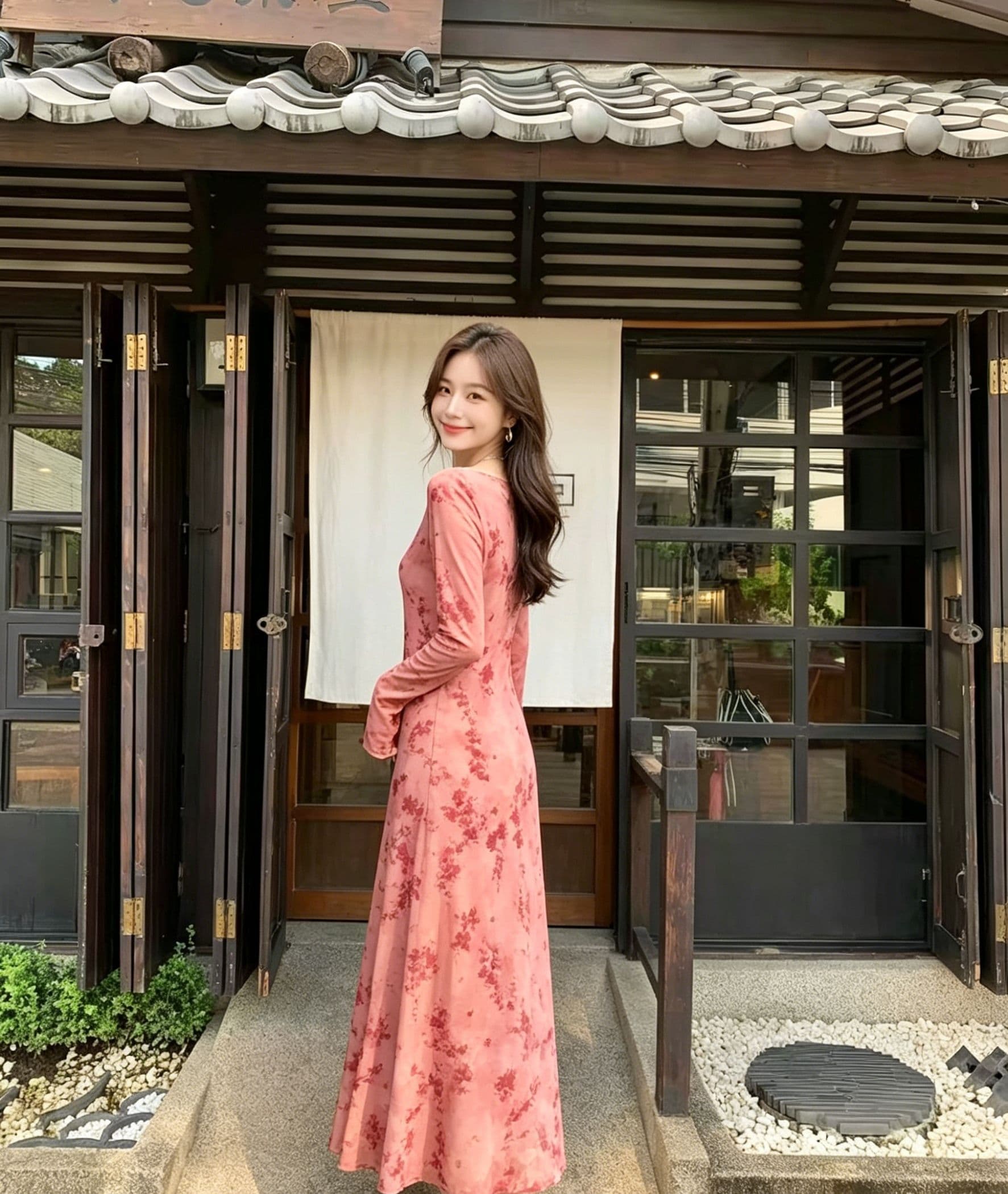 분말 조정 수묵화 꽃무늬 여성 드레스 나팔 긴팔 도루 센스 롱 코트 스트레이트 치마 부드러운 국풍 슬림해 보이는 젠 차 상세 이미지 3