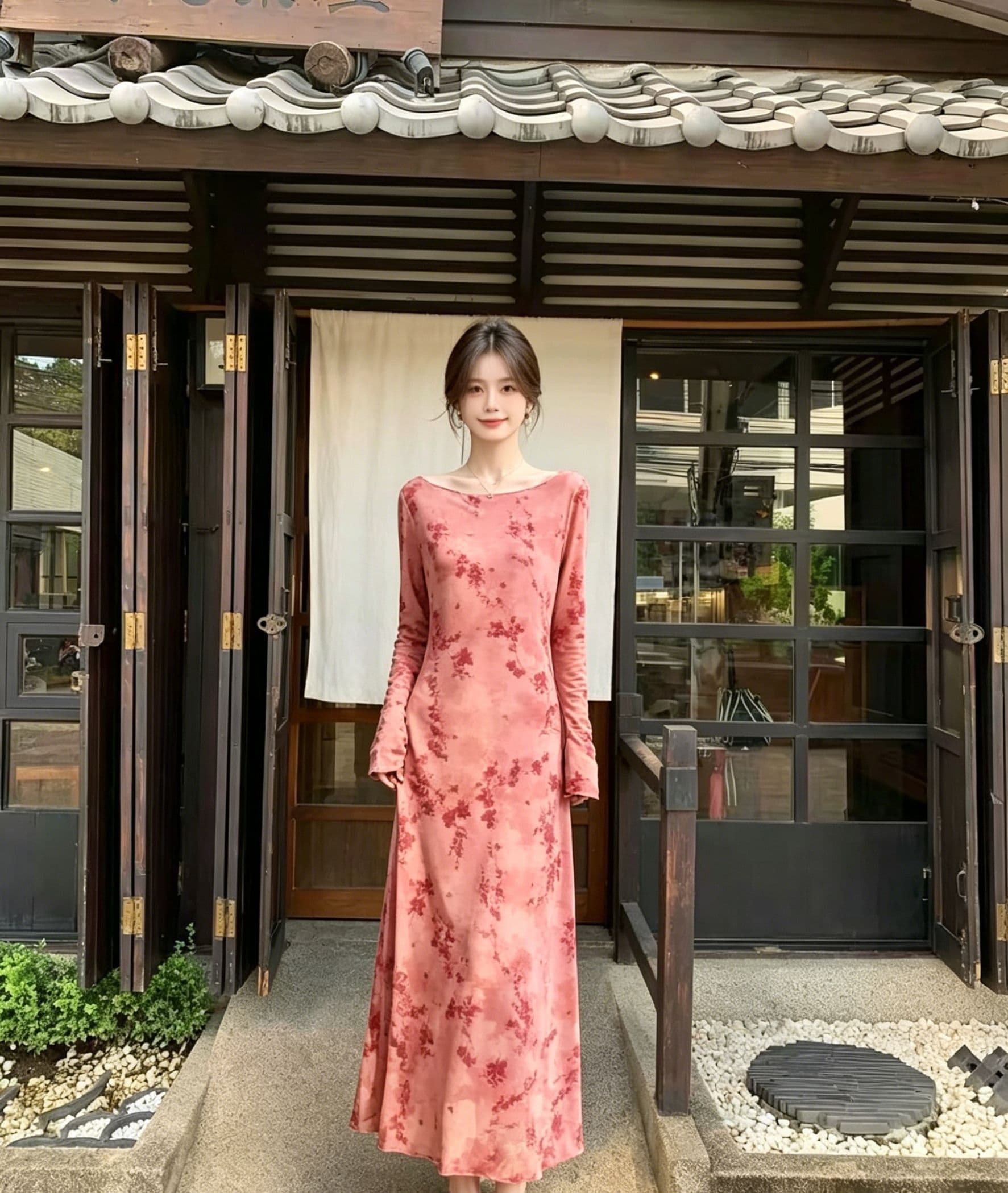 분말 조정 수묵화 꽃무늬 여성 드레스 나팔 긴팔 도루 센스 롱 코트 스트레이트 치마 부드러운 국풍 슬림해 보이는 젠 차 상세 이미지 5