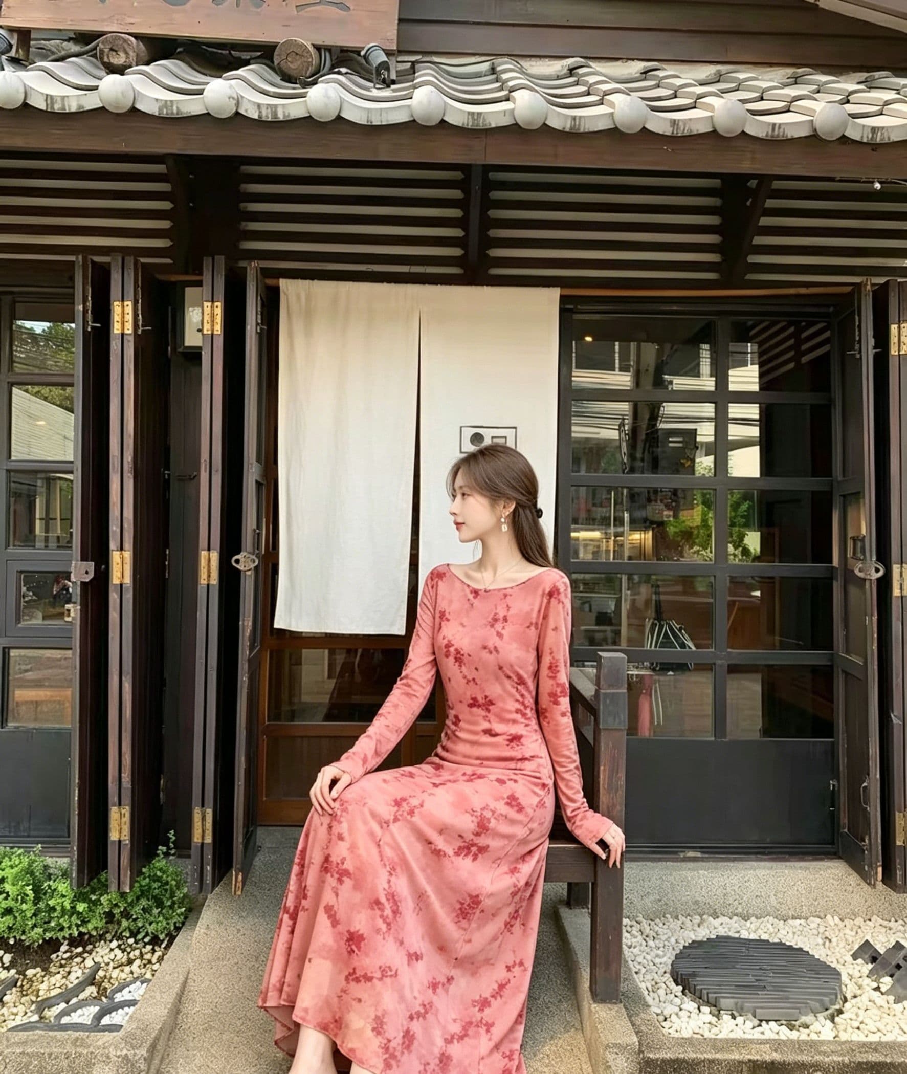 분말 조정 수묵화 꽃무늬 여성 드레스 나팔 긴팔 도루 센스 롱 코트 스트레이트 치마 부드러운 국풍 슬림해 보이는 젠 차 상세 이미지 7