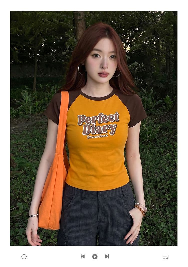 반팔 티셔츠 여성 의류 여름 새로운 디자인 센스 몸매 가꾸기 슬림해 보이는 배색 삽입 어깨 소매 라운드 넥 맨위 상세 이미지 1