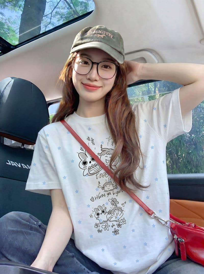 반팔 티셔츠 여성 의류 여름 새로운 디자인 센스 트렌디 별 전체 인쇄 재미있는 프린트 라운드 넥 맨위 이미지 2