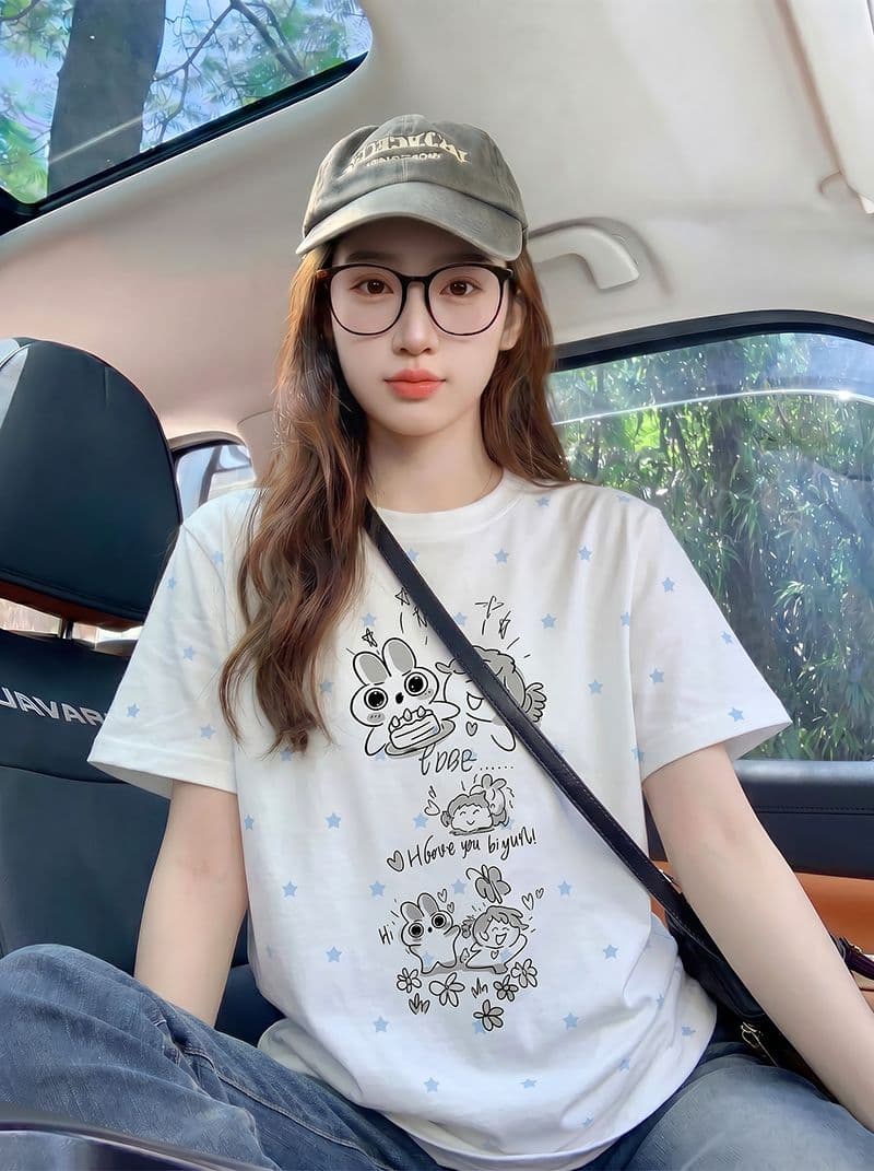 반팔 티셔츠 여성 의류 여름 새로운 디자인 센스 트렌디 별 전체 인쇄 재미있는 프린트 라운드 넥 맨위 이미지 3