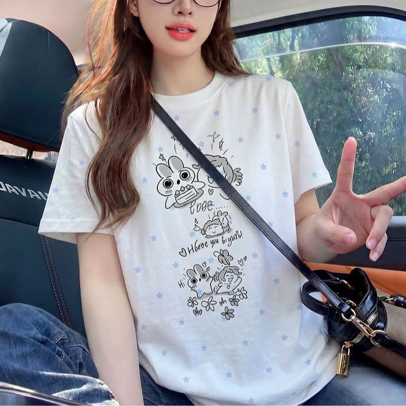 반팔 티셔츠 여성 의류 여름 새로운 디자인 센스 트렌디 별 전체 인쇄 재미있는 프린트 라운드 넥 맨위 이미지 5