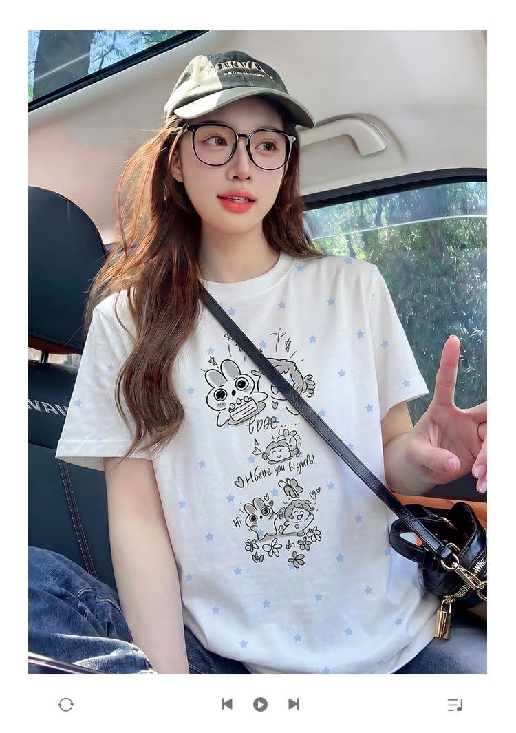 반팔 티셔츠 여성 의류 여름 새로운 디자인 센스 트렌디 별 전체 인쇄 재미있는 프린트 라운드 넥 맨위 상세 이미지 1