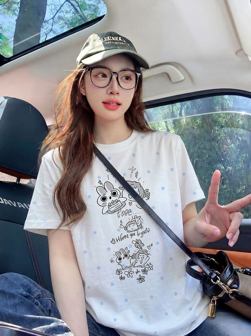 반팔 티셔츠 여성 의류 여름 새로운 디자인 센스 트렌디 별 전체 인쇄 재미있는 프린트 라운드 넥 맨위 상세 이미지 5