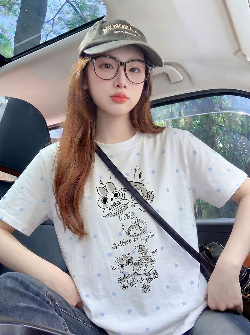 반팔 티셔츠 여성 의류 여름 새로운 디자인 센스 트렌디 별 전체 인쇄 재미있는 프린트 라운드 넥 맨위 상세 이미지 8