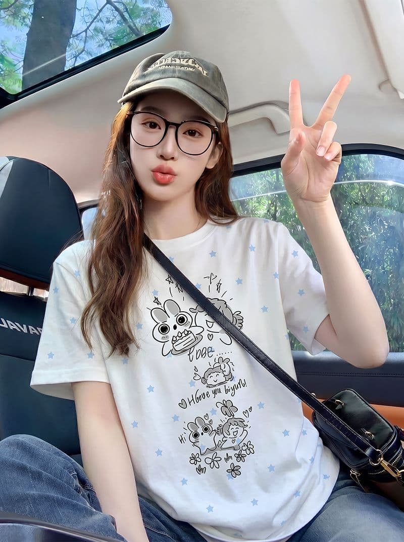 반팔 티셔츠 여성 의류 여름 새로운 디자인 센스 트렌디 별 전체 인쇄 재미있는 프린트 라운드 넥 맨위 상세 이미지 10