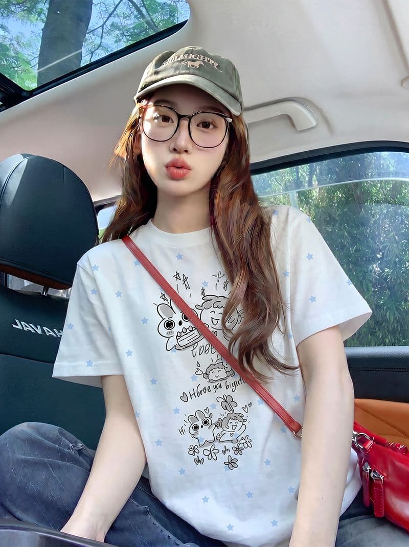 반팔 티셔츠 여성 의류 여름 새로운 디자인 센스 트렌디 별 전체 인쇄 재미있는 프린트 라운드 넥 맨위 상세 이미지 11
