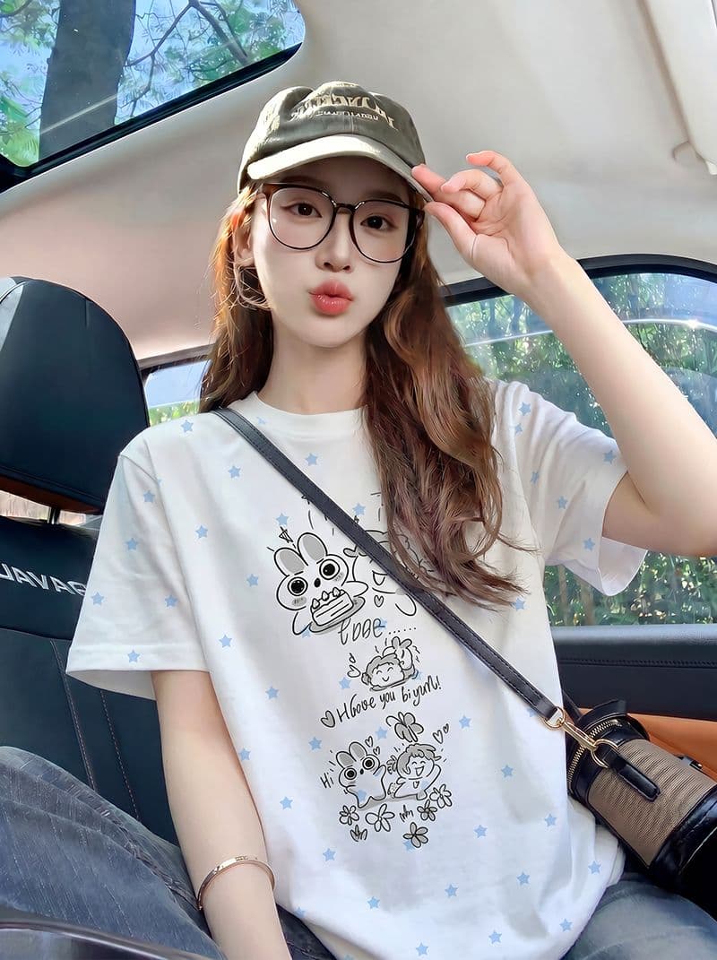 반팔 티셔츠 여성 의류 여름 새로운 디자인 센스 트렌디 별 전체 인쇄 재미있는 프린트 라운드 넥 맨위 상세 이미지 12