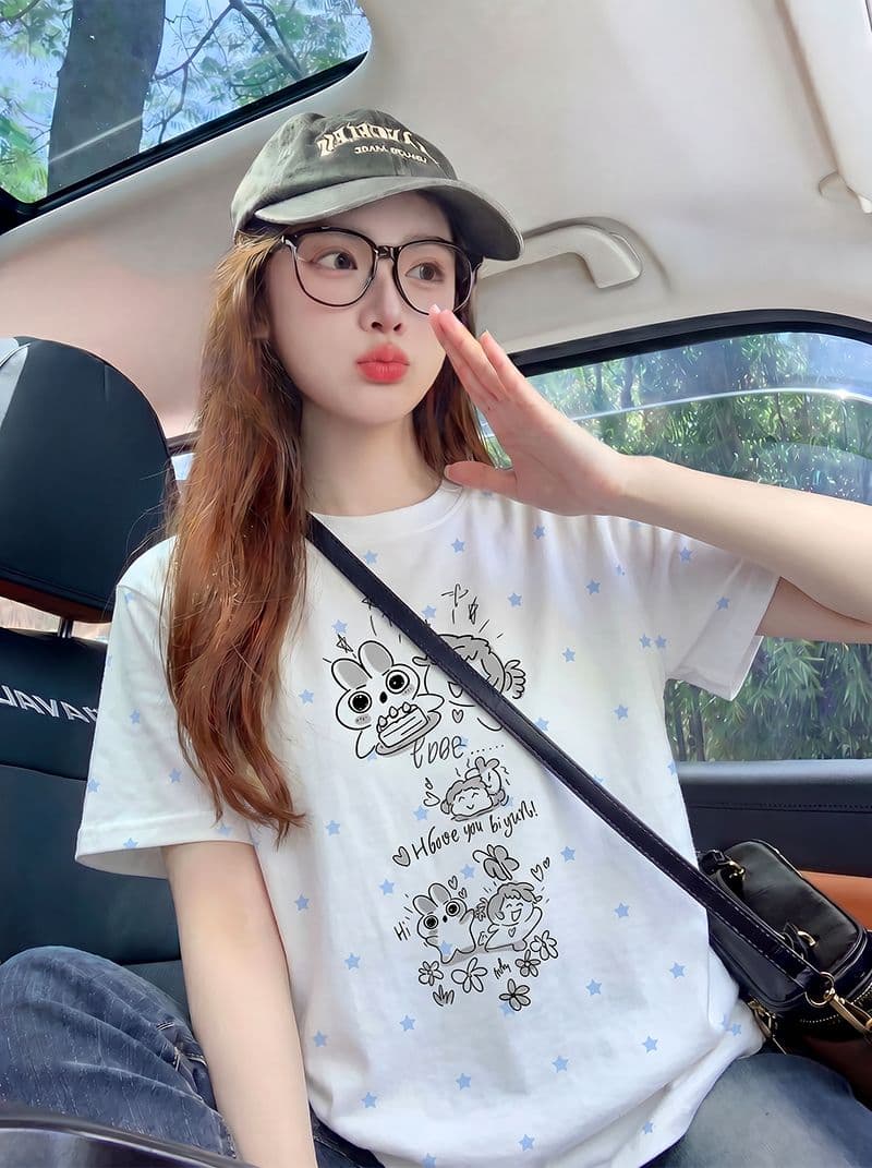 반팔 티셔츠 여성 의류 여름 새로운 디자인 센스 트렌디 별 전체 인쇄 재미있는 프린트 라운드 넥 맨위 상세 이미지 13
