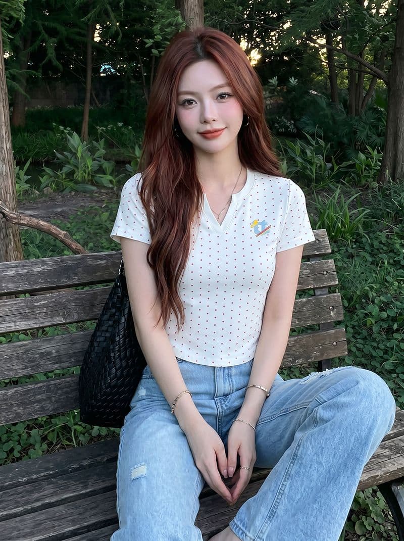반팔 티셔츠 여성 의류 여름 새로운 디자인 센스 쇼트 스타일 슬림해 보이는 도트 무늬 재미있는 프린트 V넥 맨위 이미지 2