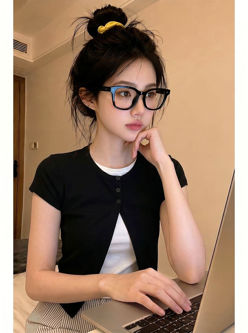 반팔 티셔츠 여성 의류 여름 새로운 트렌디 한 부서 몸매 가꾸기 슬림해 보이는 페이크 레이어드 단추 라운드 넥 맨위 이미지 2