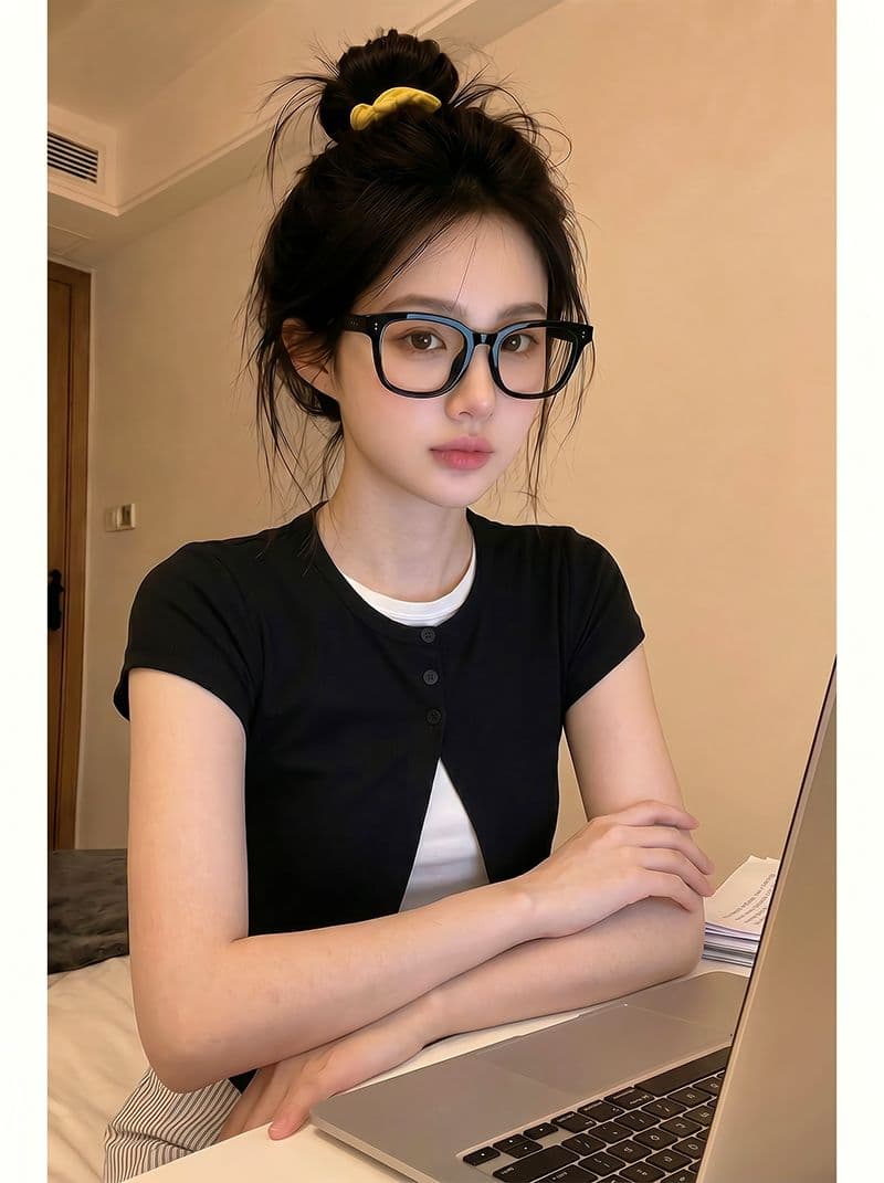 반팔 티셔츠 여성 의류 여름 새로운 트렌디 한 부서 몸매 가꾸기 슬림해 보이는 페이크 레이어드 단추 라운드 넥 맨위 상세 이미지 6