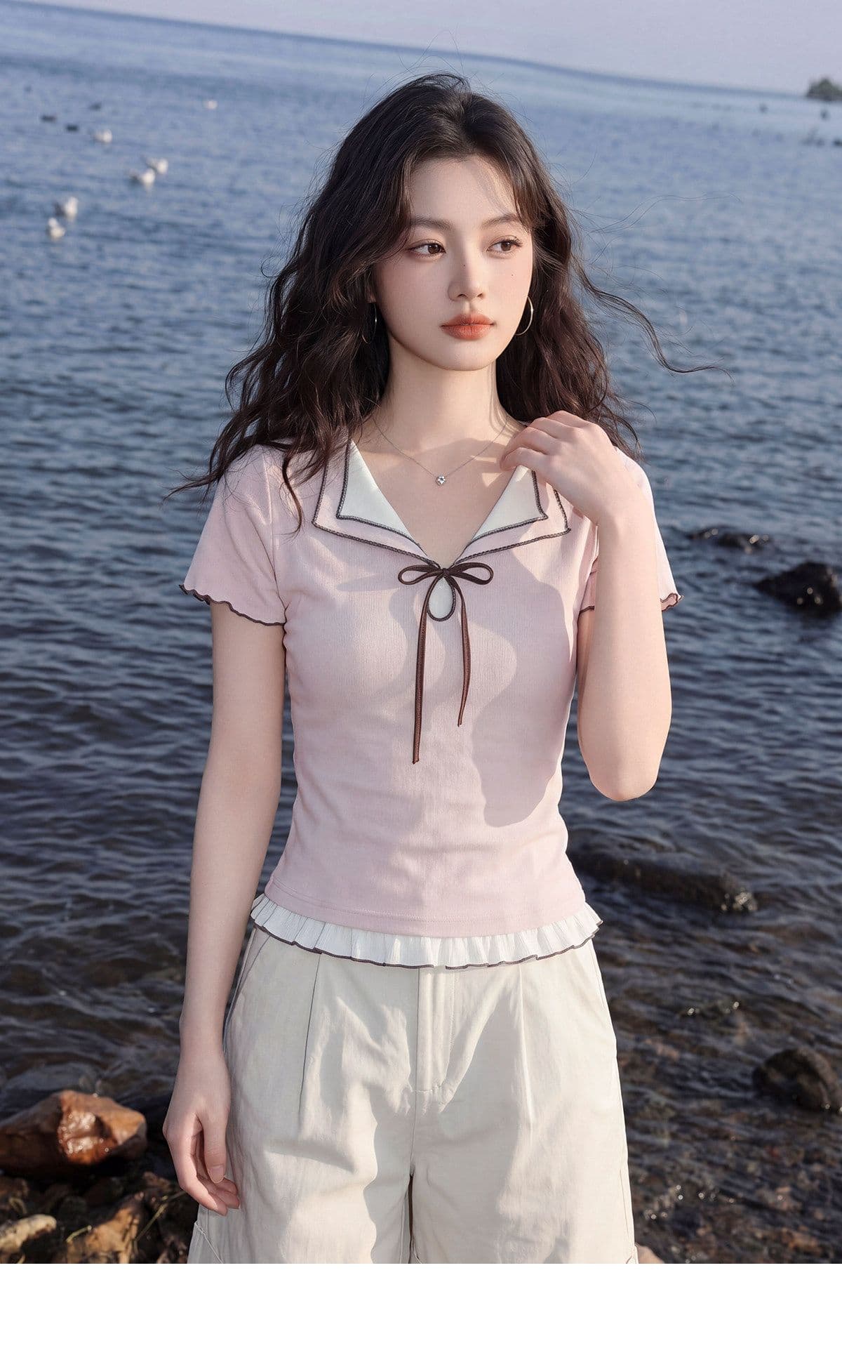 반팔 티셔츠 여성 의류 여름 새로운 트렌디 몸매 가꾸기 슬림해 보이는 프릴 패치워크 페이크 레이어드 V넥 맨위 상세 이미지 6