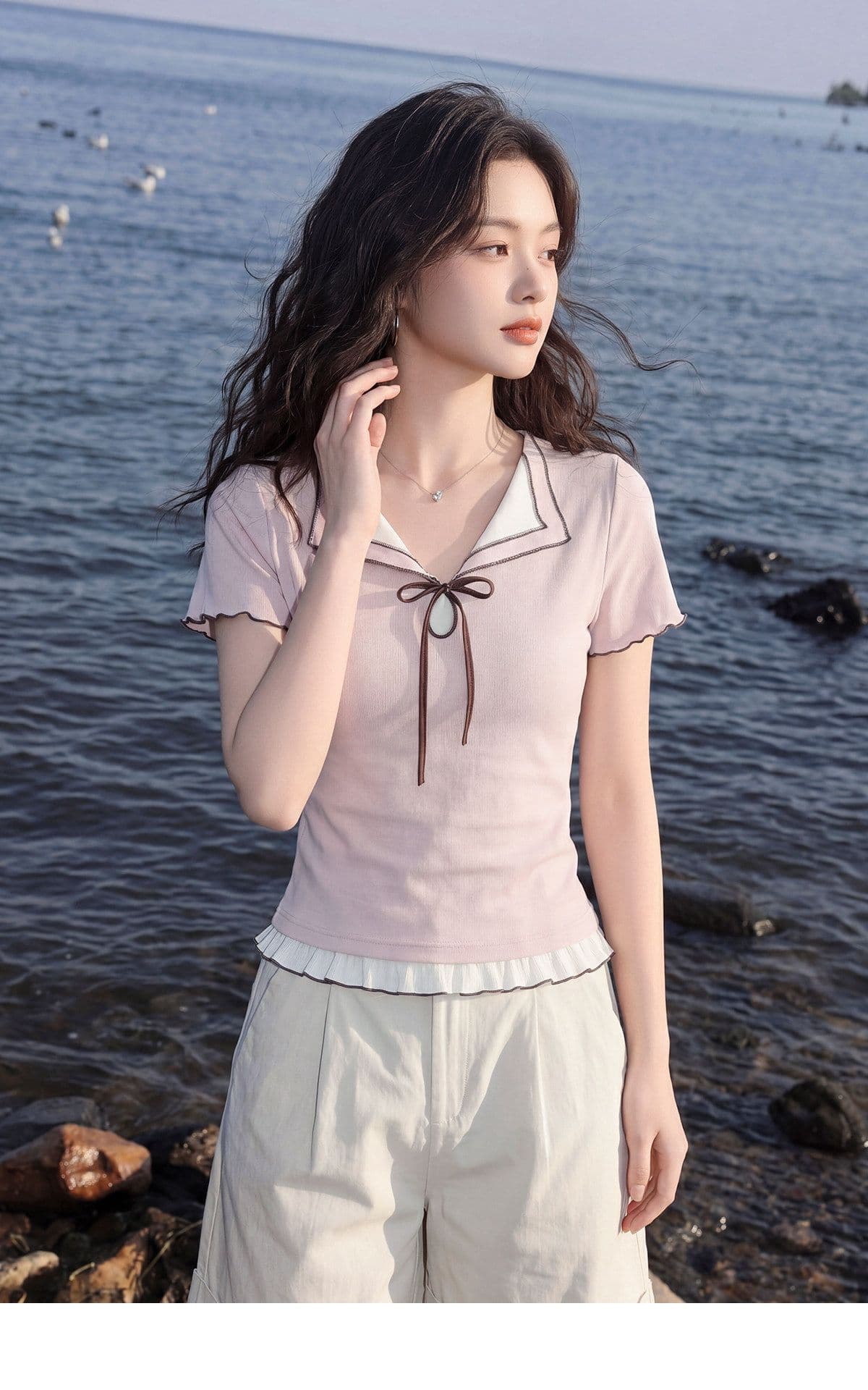 반팔 티셔츠 여성 의류 여름 새로운 트렌디 몸매 가꾸기 슬림해 보이는 프릴 패치워크 페이크 레이어드 V넥 맨위 상세 이미지 7