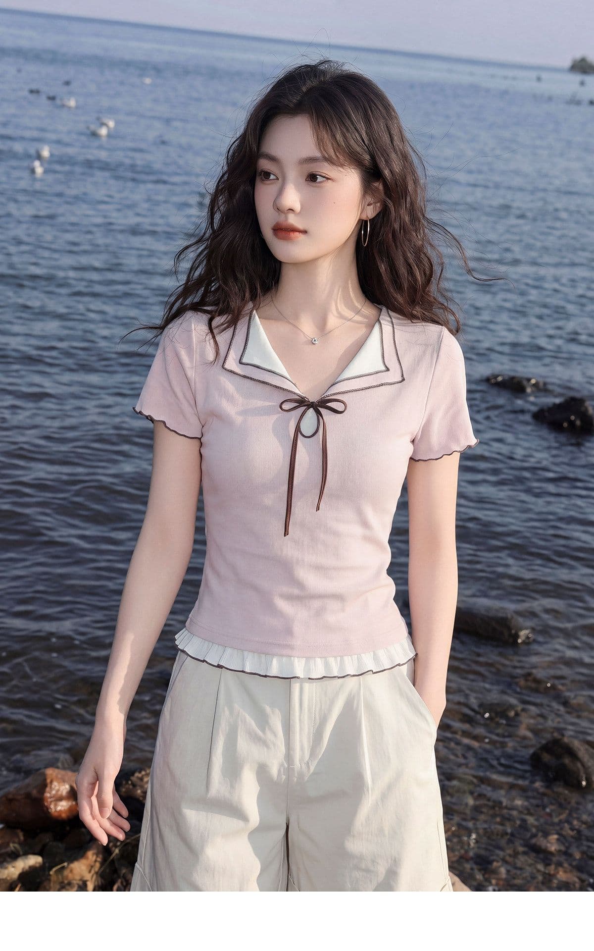 반팔 티셔츠 여성 의류 여름 새로운 트렌디 몸매 가꾸기 슬림해 보이는 프릴 패치워크 페이크 레이어드 V넥 맨위 상세 이미지 8