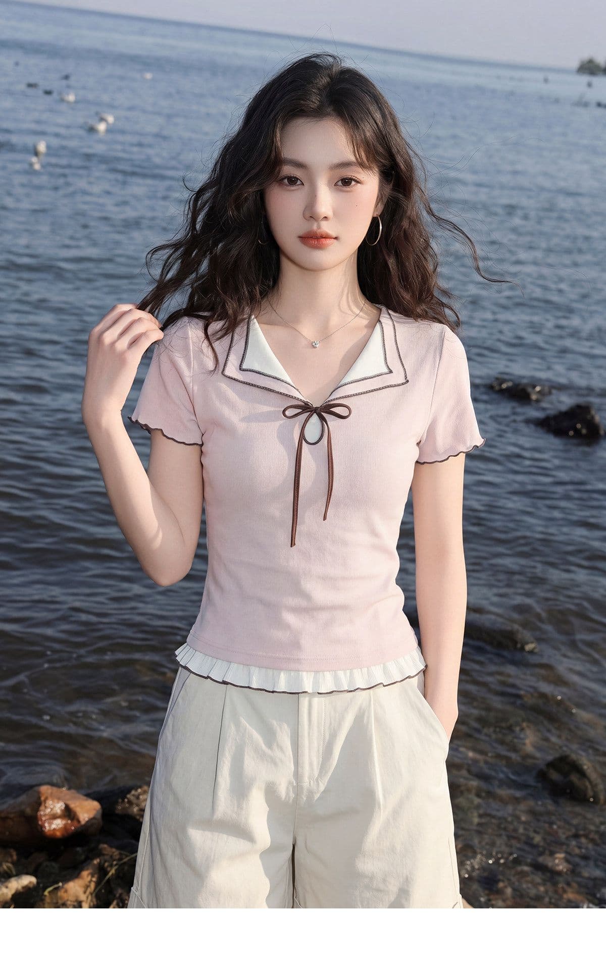 반팔 티셔츠 여성 의류 여름 새로운 트렌디 몸매 가꾸기 슬림해 보이는 프릴 패치워크 페이크 레이어드 V넥 맨위 상세 이미지 9