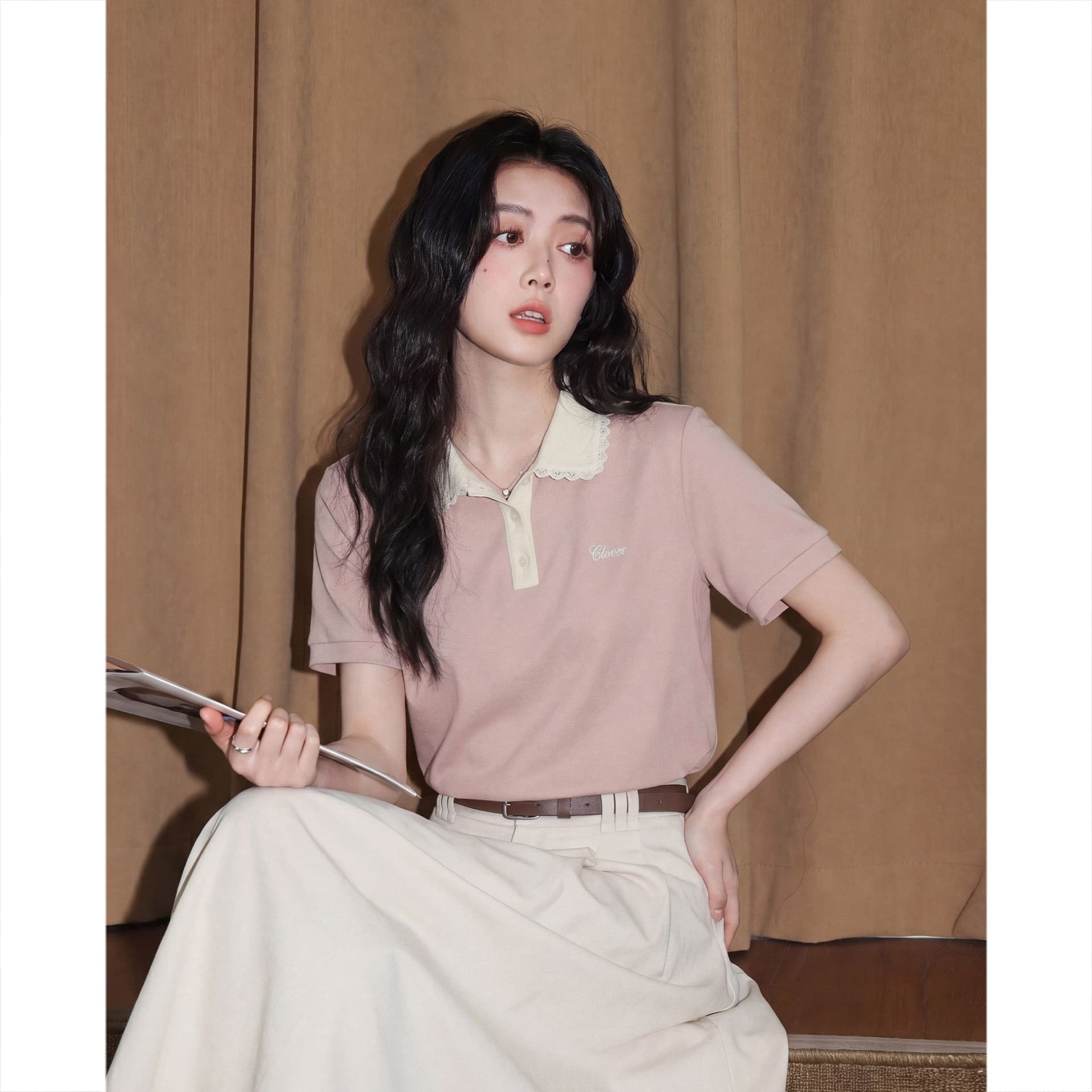 눈꽃 구슬 그라운드 210 그램 반팔 티셔츠 여성 의류 여름 새로운 디자인 센스 자수 POLO 칼라 맨위 상세 이미지 2