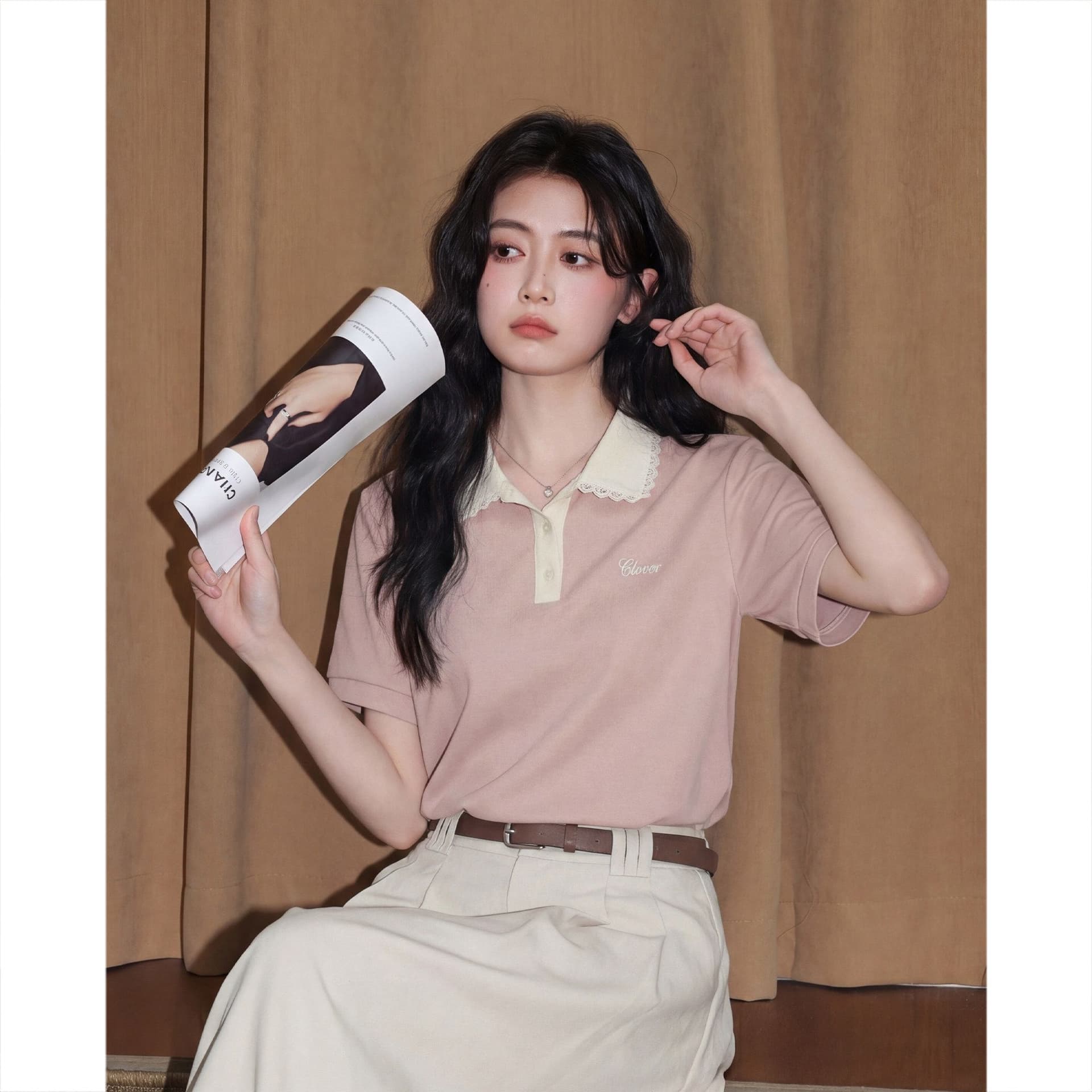 눈꽃 구슬 그라운드 210 그램 반팔 티셔츠 여성 의류 여름 새로운 디자인 센스 자수 POLO 칼라 맨위 상세 이미지 4