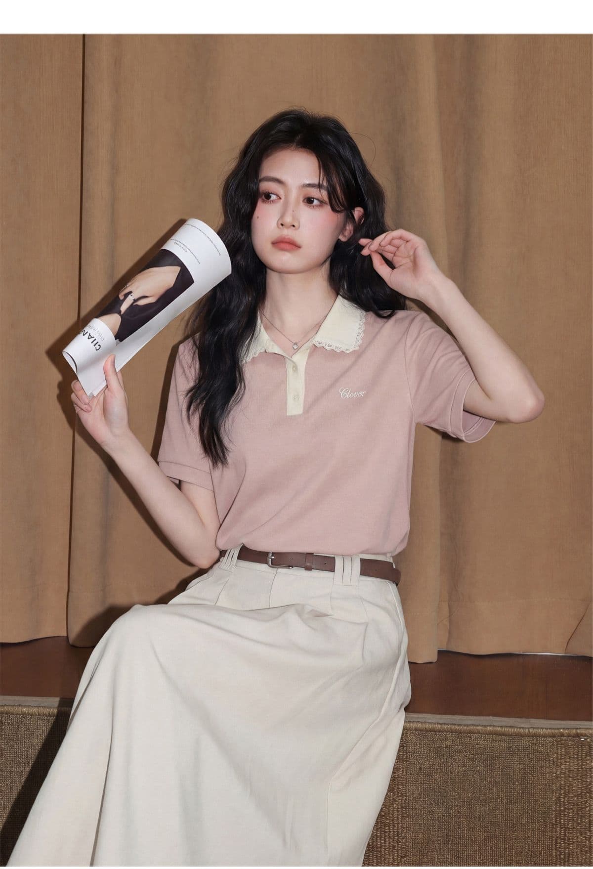 눈꽃 구슬 그라운드 210 그램 반팔 티셔츠 여성 의류 여름 새로운 디자인 센스 자수 POLO 칼라 맨위 상세 이미지 9