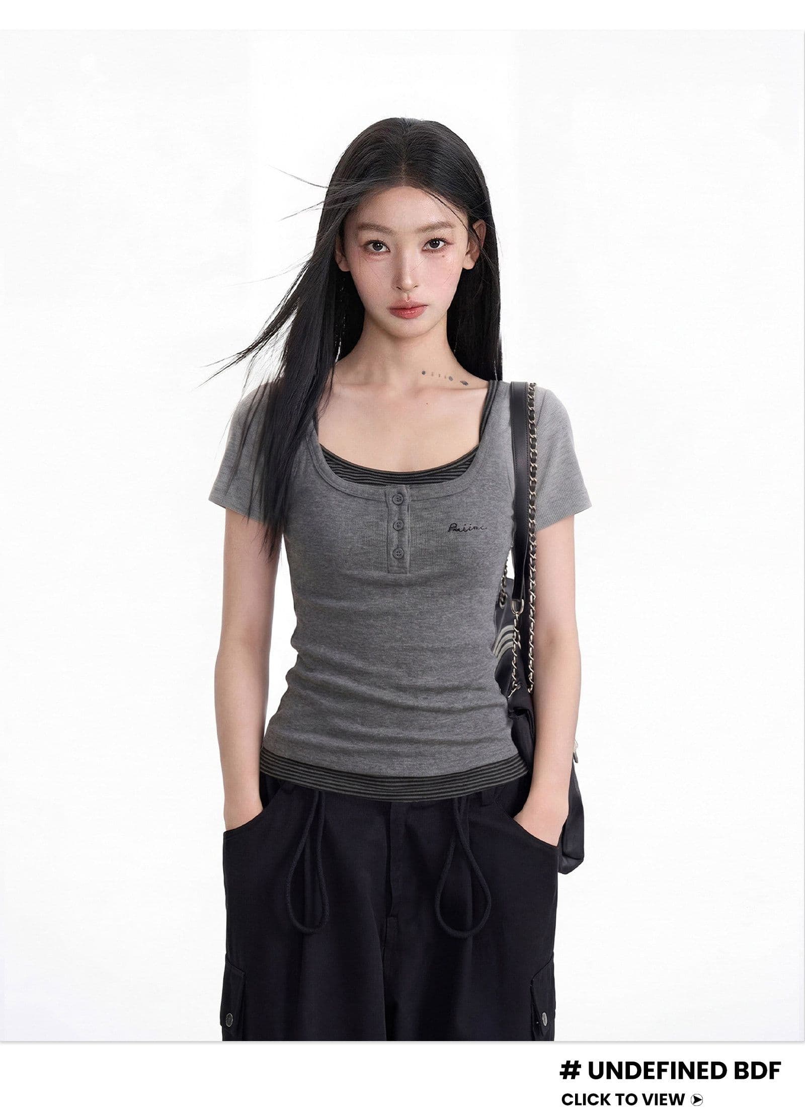 반팔 티셔츠 여성 의류 여름 새로운 디자인 센스 몸매 가꾸기 스트라이프 페이크 레이어드 한 부서 라운드 넥 맨위 상세 이미지 12