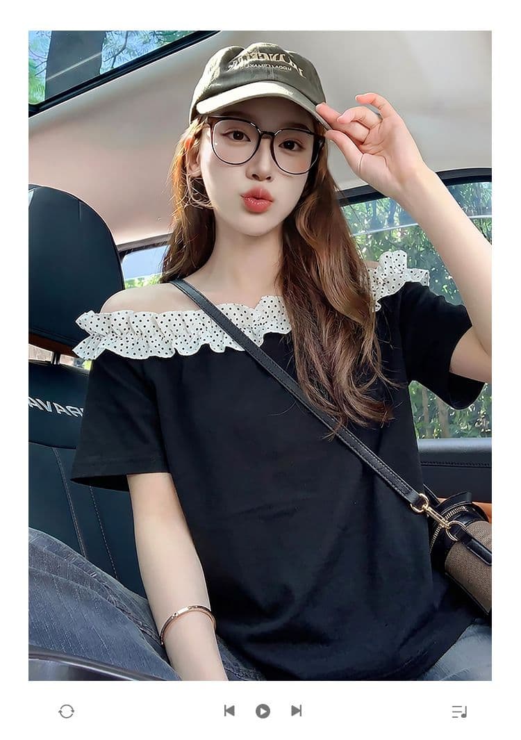 반팔 티셔츠 여성 의류 여름 새로운 트렌디 한 부서 루즈핏 자수 프릴 도트 무늬 비스듬한 칼라 맨위 상세 이미지 1