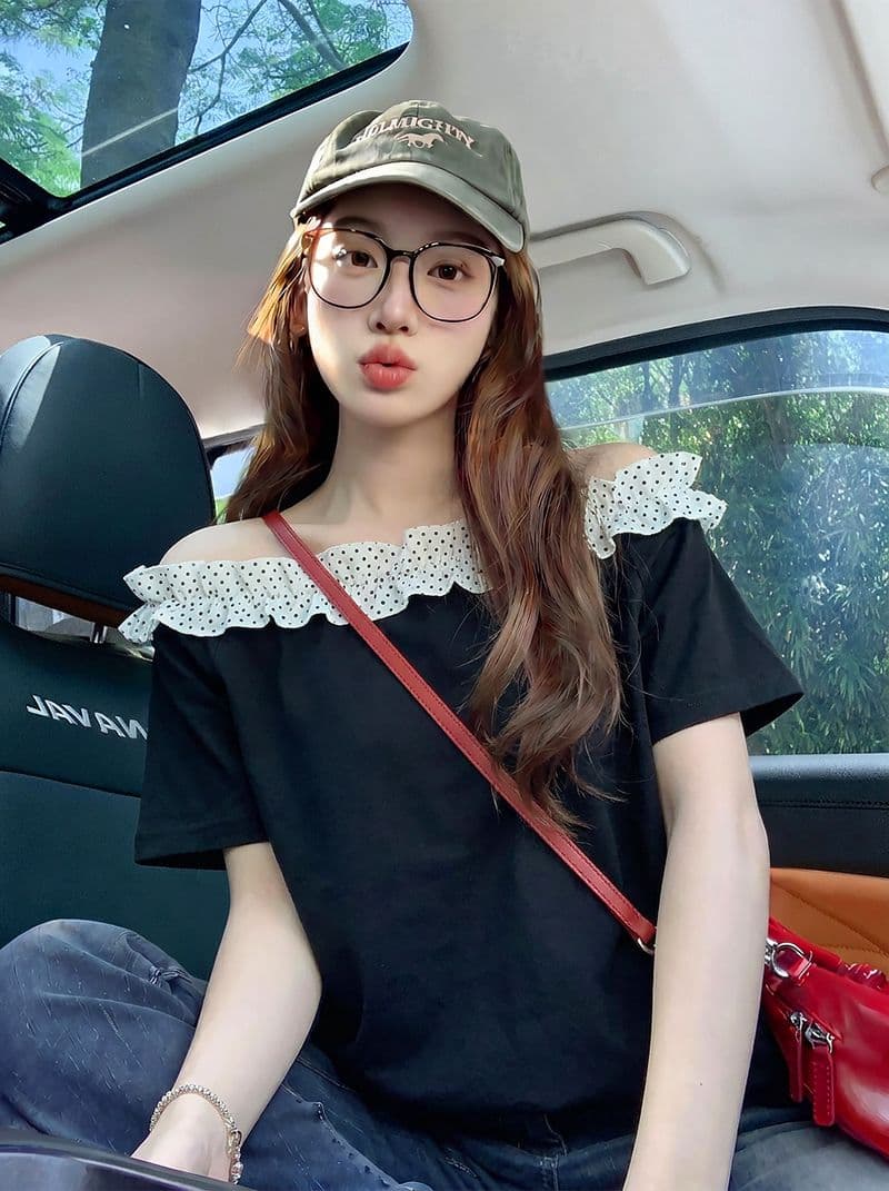 반팔 티셔츠 여성 의류 여름 새로운 트렌디 한 부서 루즈핏 자수 프릴 도트 무늬 비스듬한 칼라 맨위 상세 이미지 6