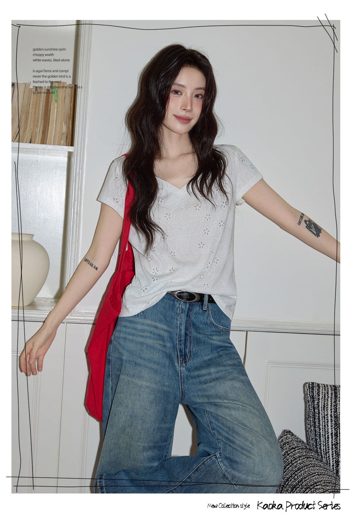 반팔 티셔츠 여성 의류 여름 새로운 한 부서 디자인 센스 슬림해 보이는 단색 자수 홀로우 아웃 V넥 맨위 상세 이미지 18