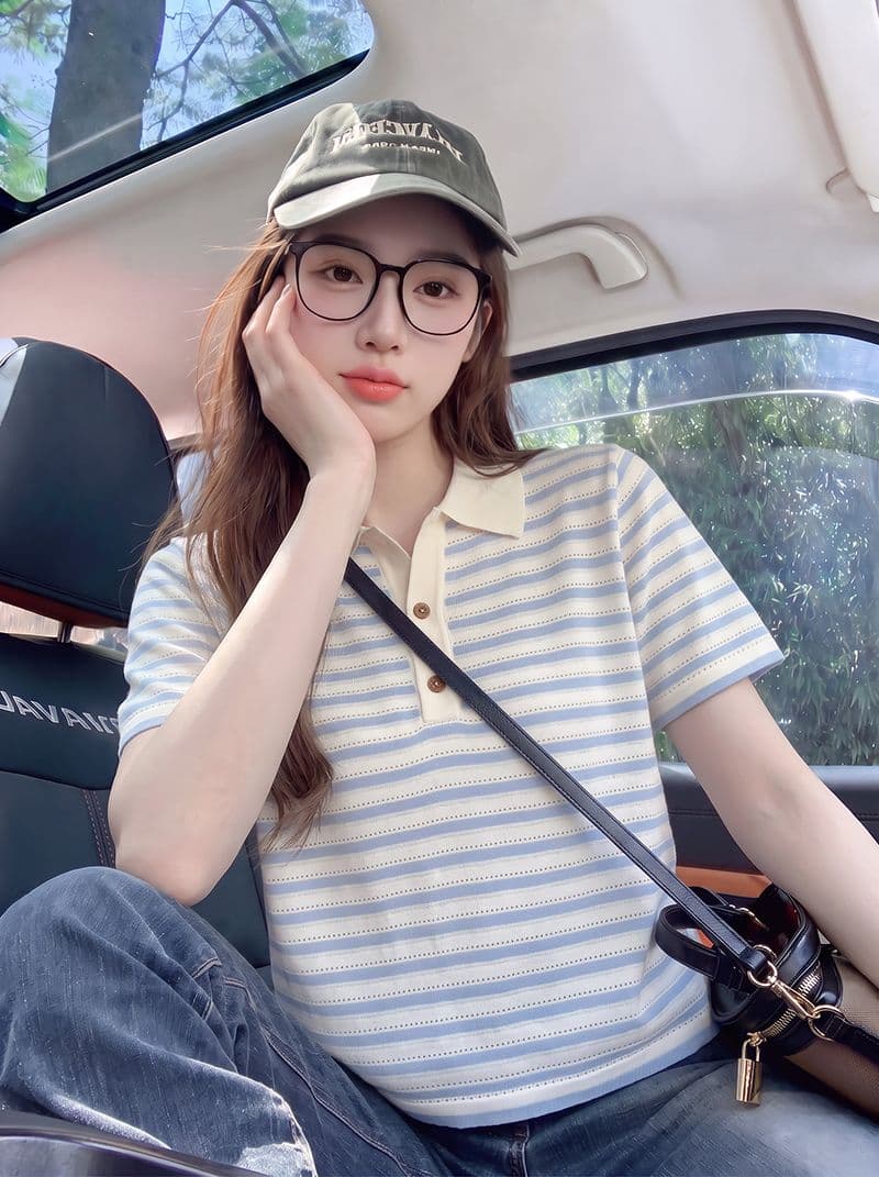 원본 자카드 특별 가격 반팔 티셔츠 여성 의류 여름 새로운 작은 샤넬 스타일 아메리칸 스트라이프 POLO 칼라 맨위 이미지 3