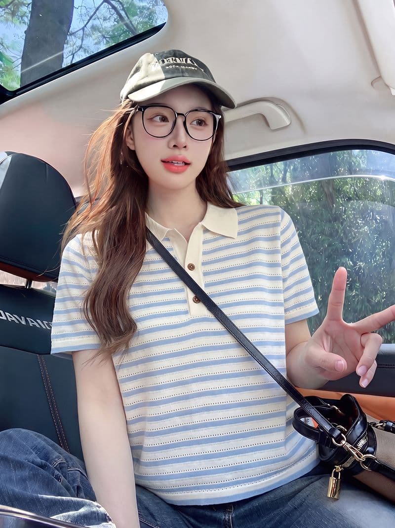 원본 자카드 특별 가격 반팔 티셔츠 여성 의류 여름 새로운 작은 샤넬 스타일 아메리칸 스트라이프 POLO 칼라 맨위
