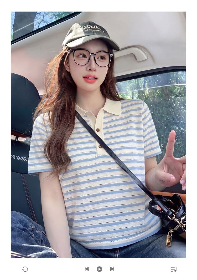원본 자카드 특별 가격 반팔 티셔츠 여성 의류 여름 새로운 작은 샤넬 스타일 아메리칸 스트라이프 POLO 칼라 맨위 상세 이미지 1