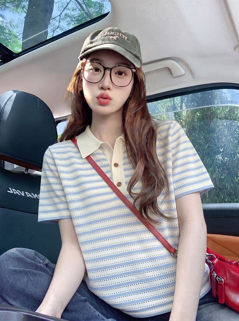 원본 자카드 특별 가격 반팔 티셔츠 여성 의류 여름 새로운 작은 샤넬 스타일 아메리칸 스트라이프 POLO 칼라 맨위 상세 이미지 4