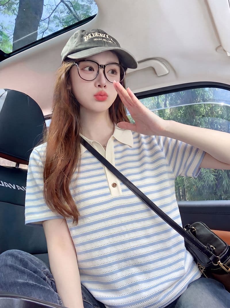원본 자카드 특별 가격 반팔 티셔츠 여성 의류 여름 새로운 작은 샤넬 스타일 아메리칸 스트라이프 POLO 칼라 맨위 상세 이미지 6