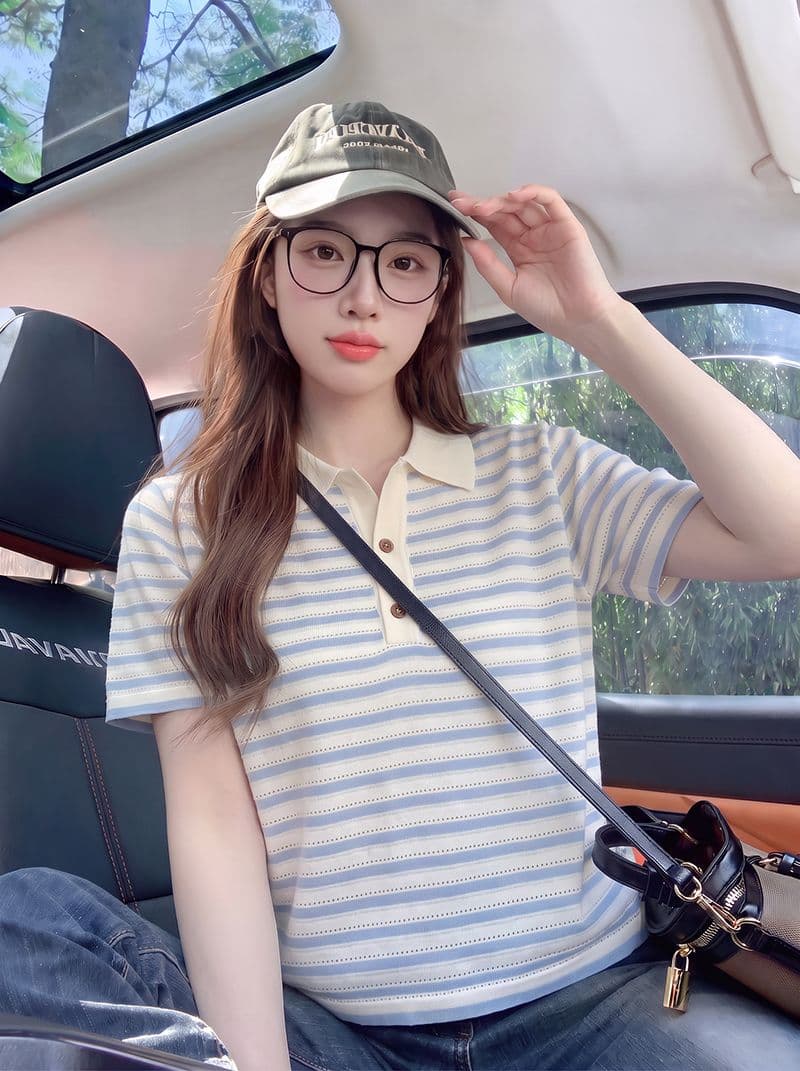 원본 자카드 특별 가격 반팔 티셔츠 여성 의류 여름 새로운 작은 샤넬 스타일 아메리칸 스트라이프 POLO 칼라 맨위 상세 이미지 8