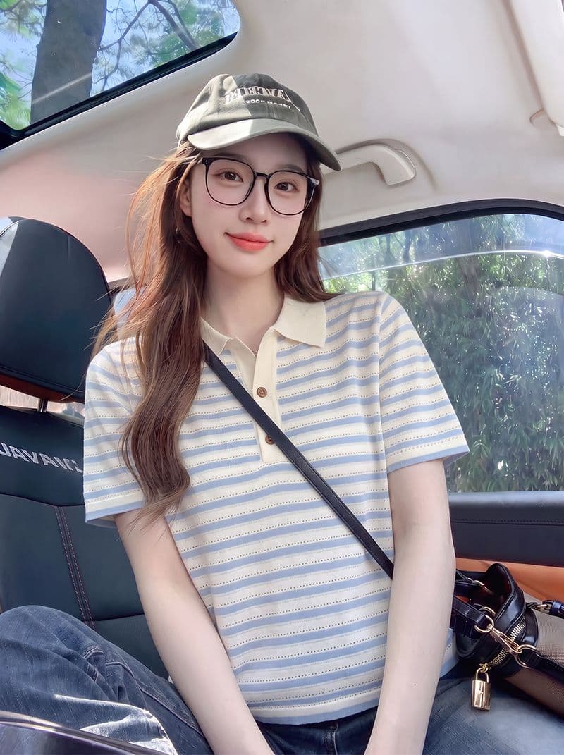 원본 자카드 특별 가격 반팔 티셔츠 여성 의류 여름 새로운 작은 샤넬 스타일 아메리칸 스트라이프 POLO 칼라 맨위 상세 이미지 9